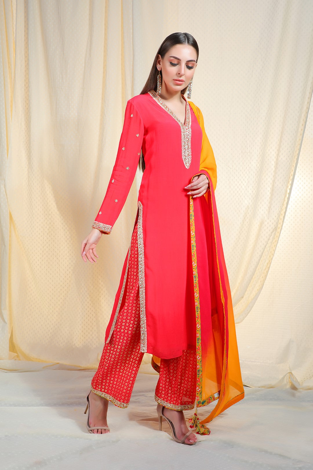 coral crepe kurta with chudidar and chiffon dupatta