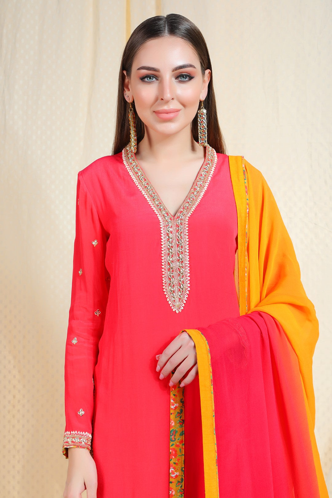 coral crepe kurta with chudidar and chiffon dupatta