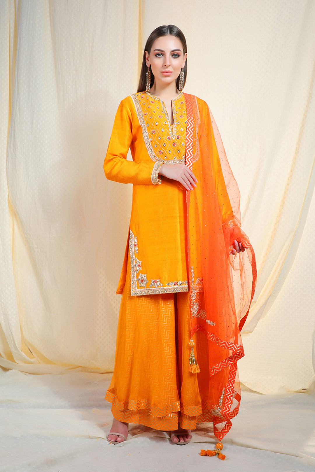 rawsilk kurta with organza sharara and  net dupatta