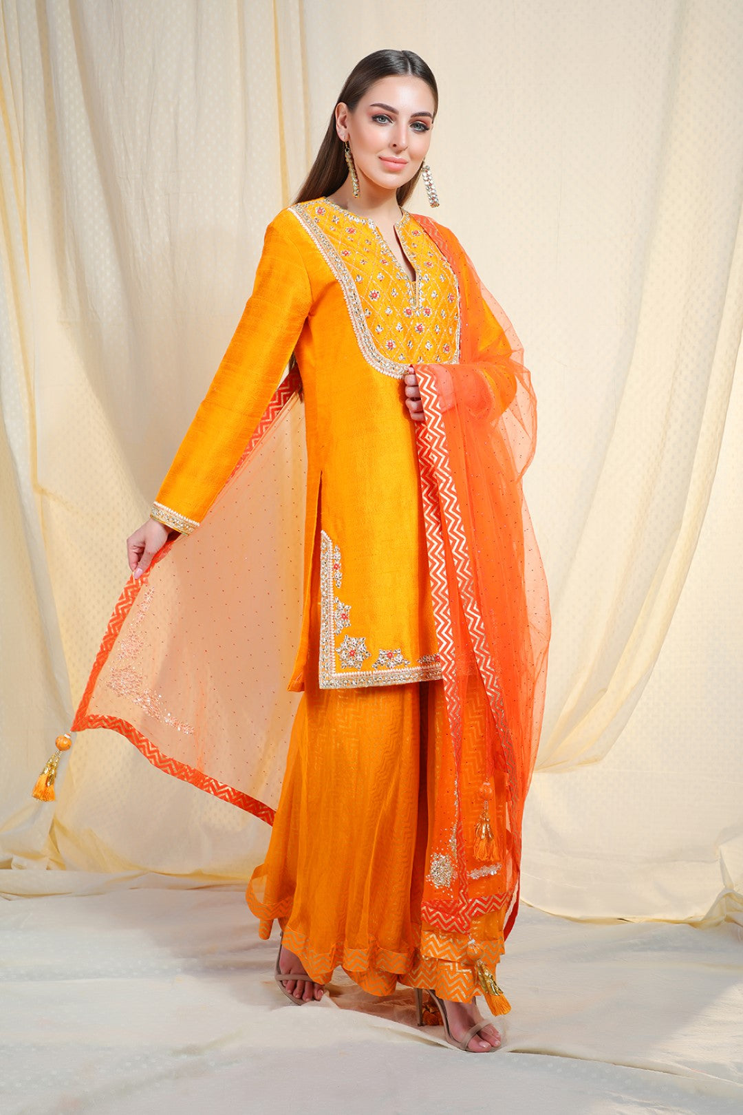 rawsilk kurta with organza sharara and  net dupatta