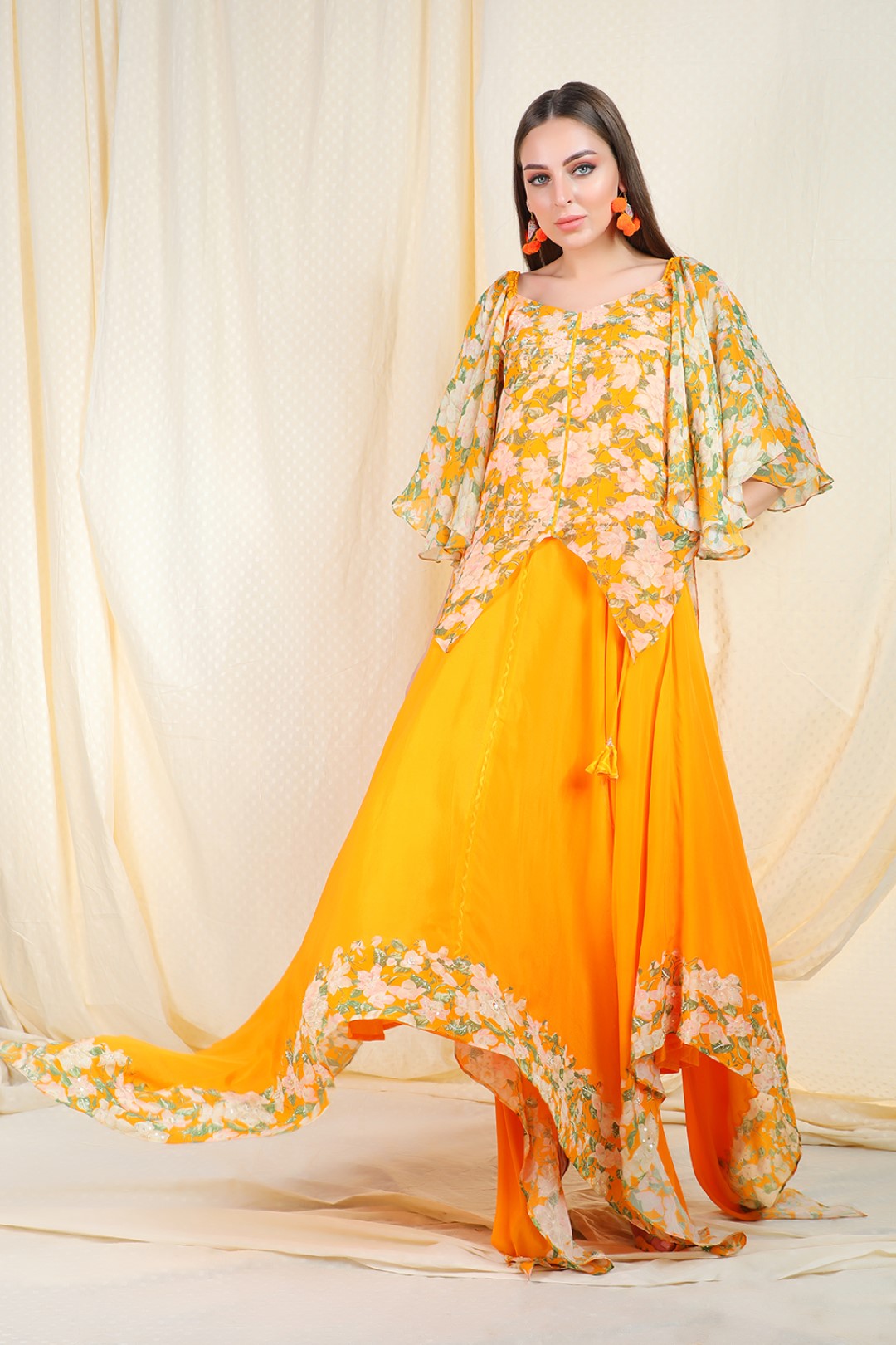 orange crepe asymetric top and skirt