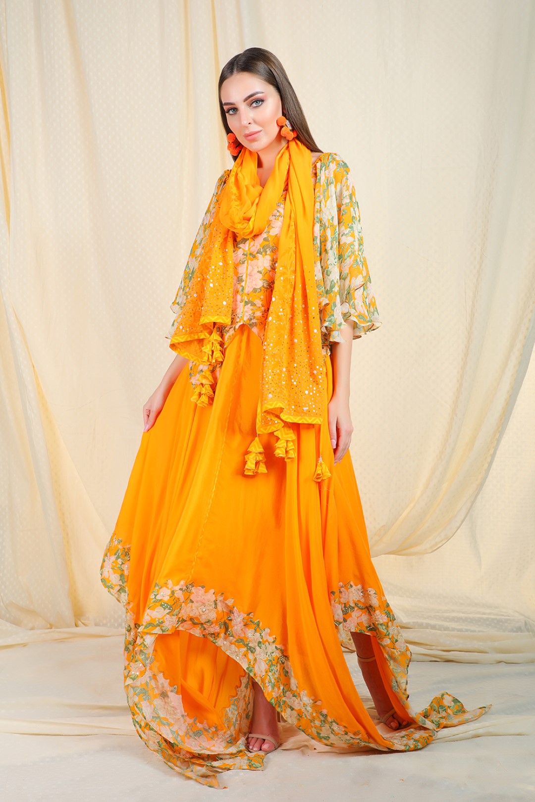 orange crepe asymetric top and skirt