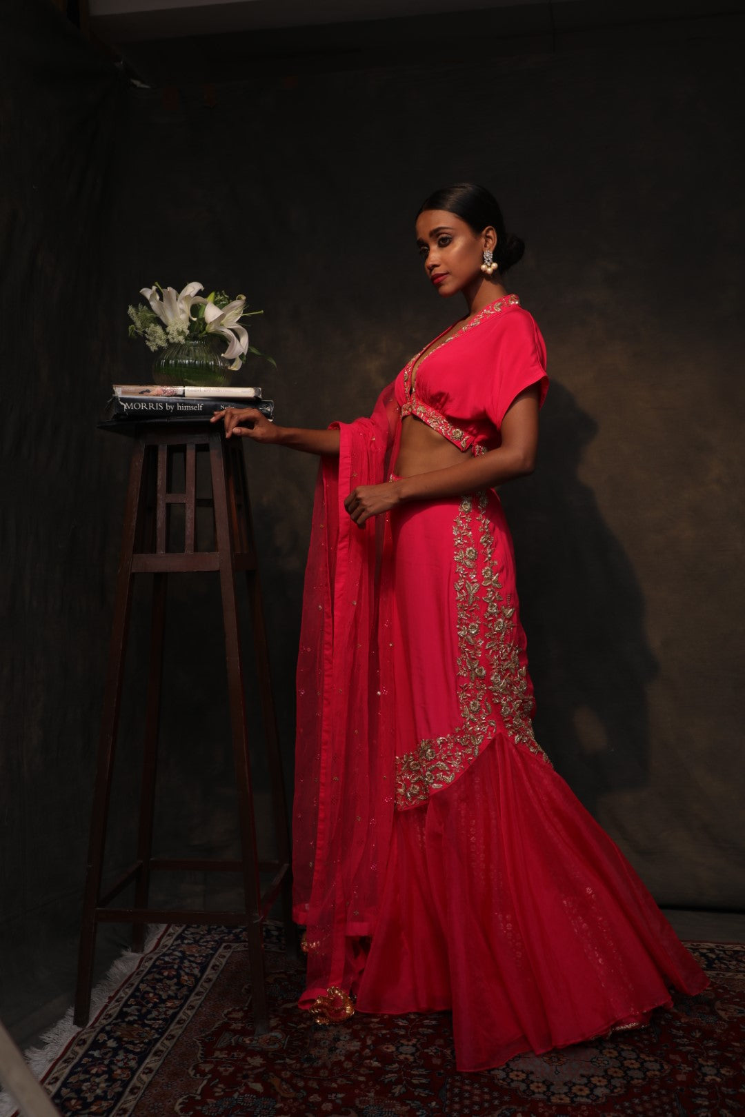 Rani pink crepe fish tail skirt with kaftan style blouse and dupatta