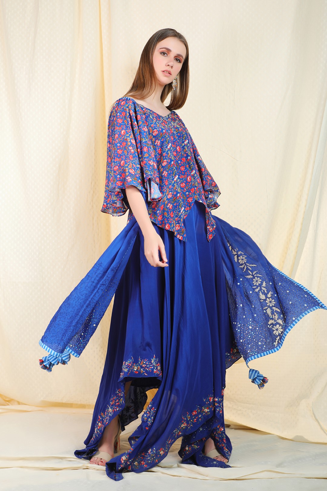 lapis blue crepe asymetric top and skirt