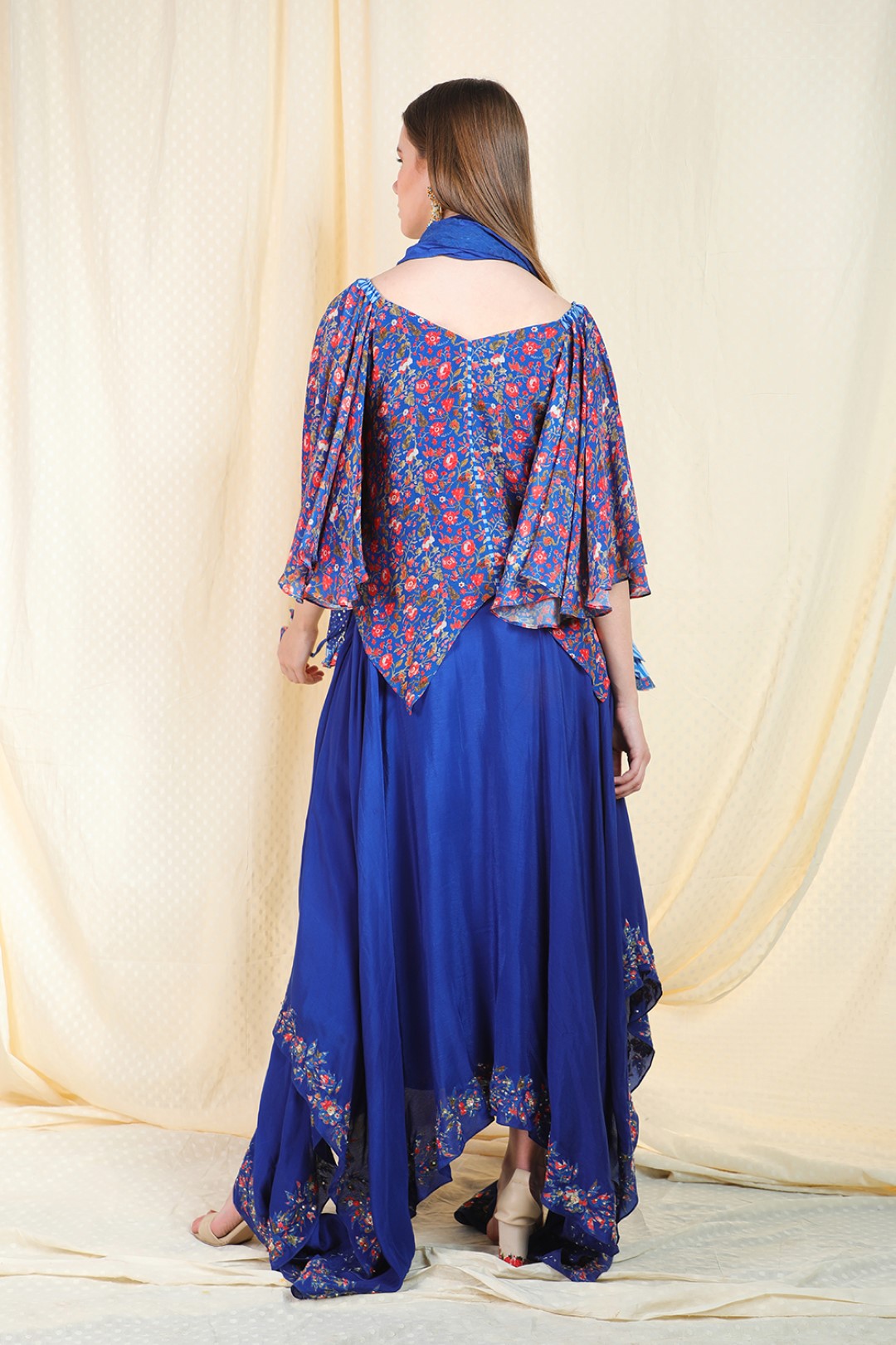 lapis blue crepe asymetric top and skirt