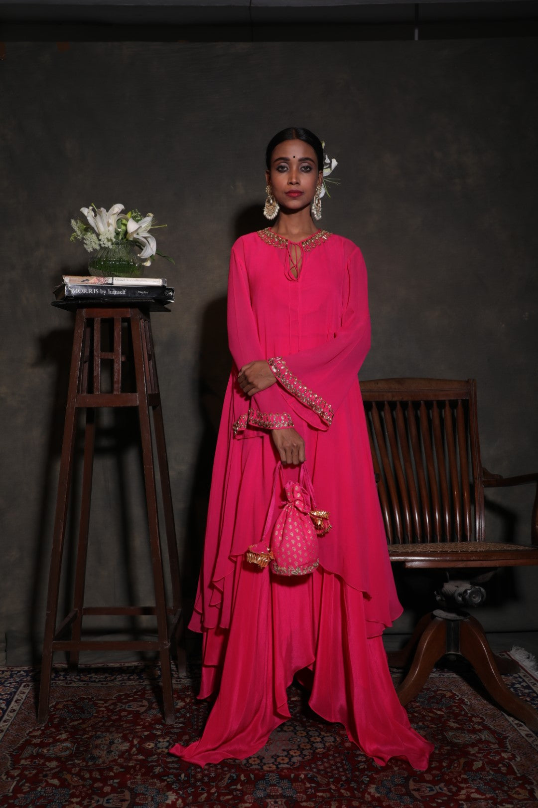 Rani pink georgette asymmetric tunic with handkerchief crepe pants