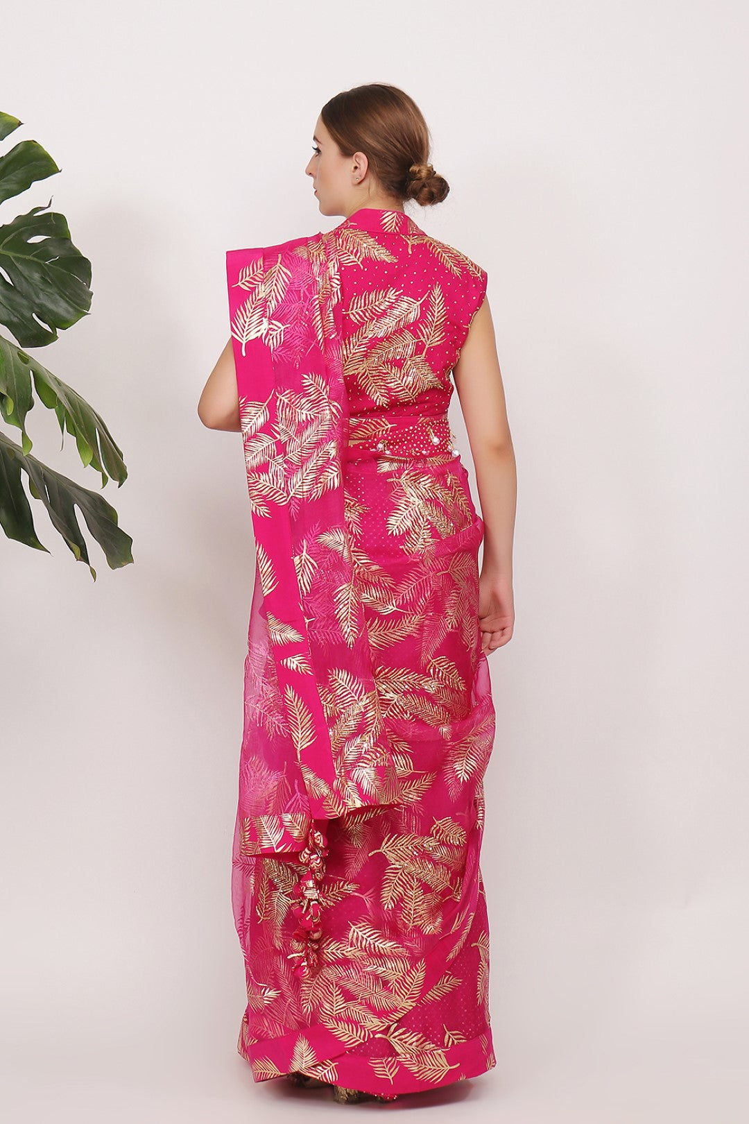 GOLD PRINTED SAREE WITH BLOUSE AND SEQUENCED PETICOAT