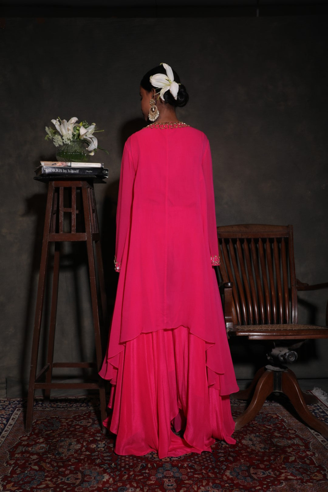 Rani pink georgette asymmetric tunic with handkerchief crepe pants