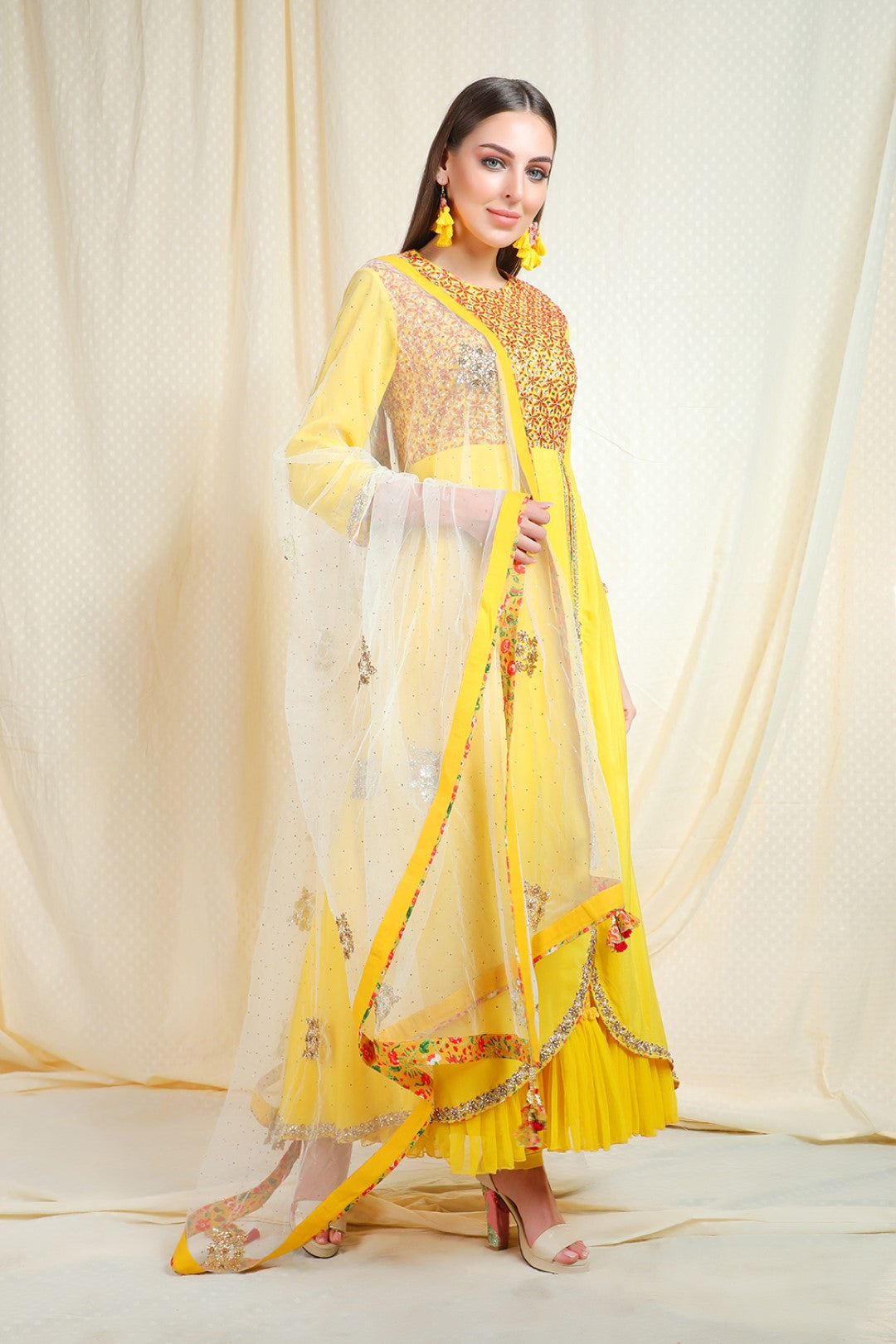 pitambri crepe kalidaar with net embroided dupatta