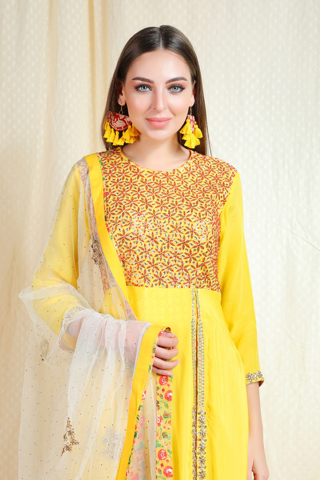 pitambri crepe kalidaar with net embroided dupatta