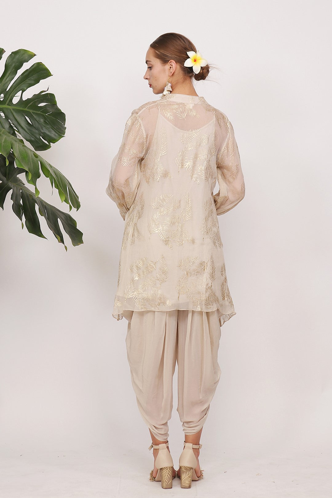 GOLD PRINTED ASYMMETRICAL TUNIC WITH COWL DHOTI
