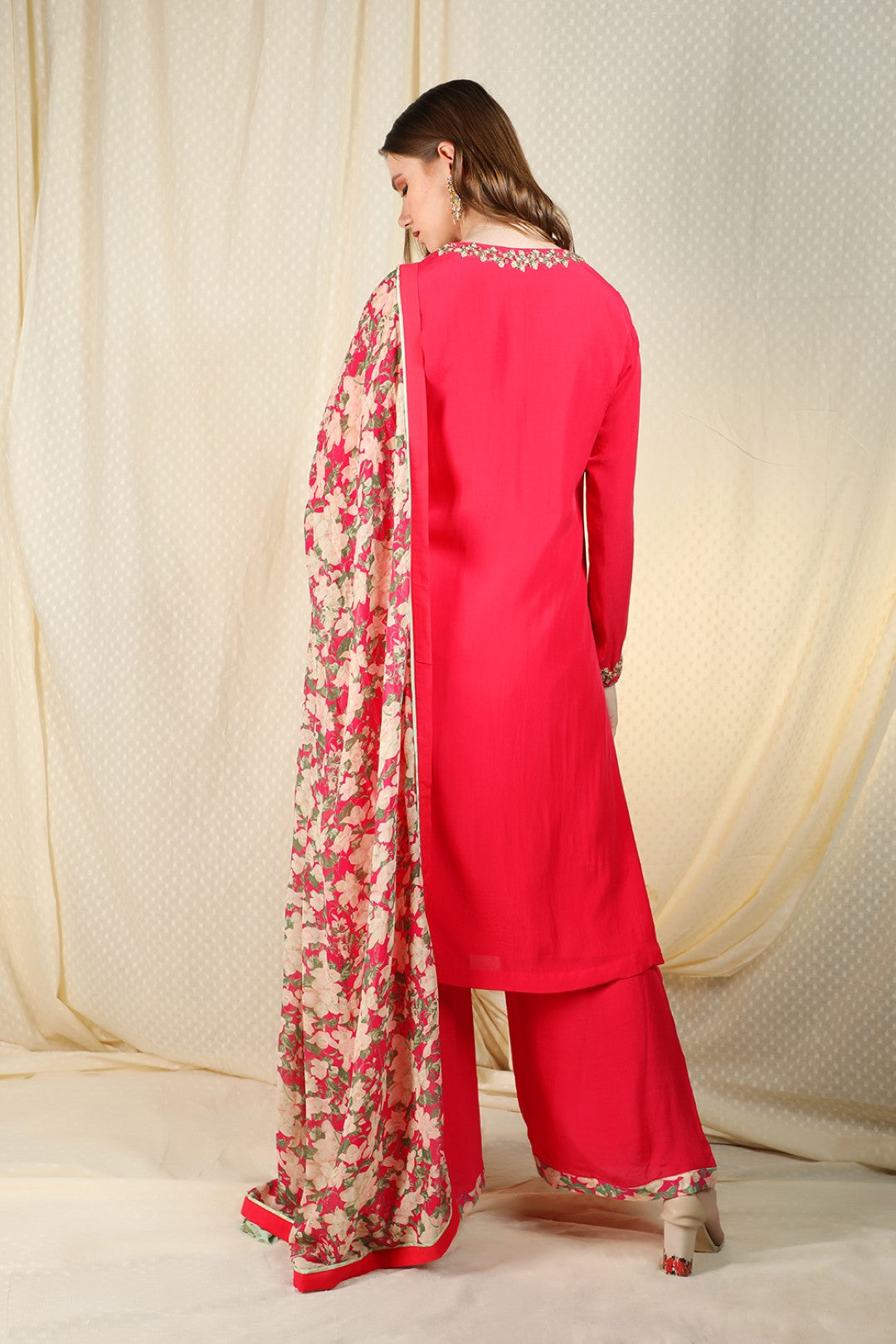 fusia pink crepe kurta and sharara and dupatta