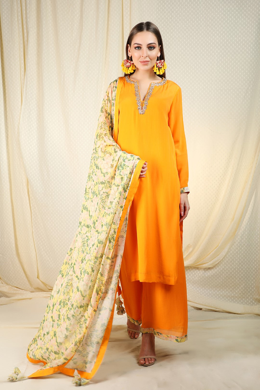 peshawari orange crepe kurta and sharara and dupatta