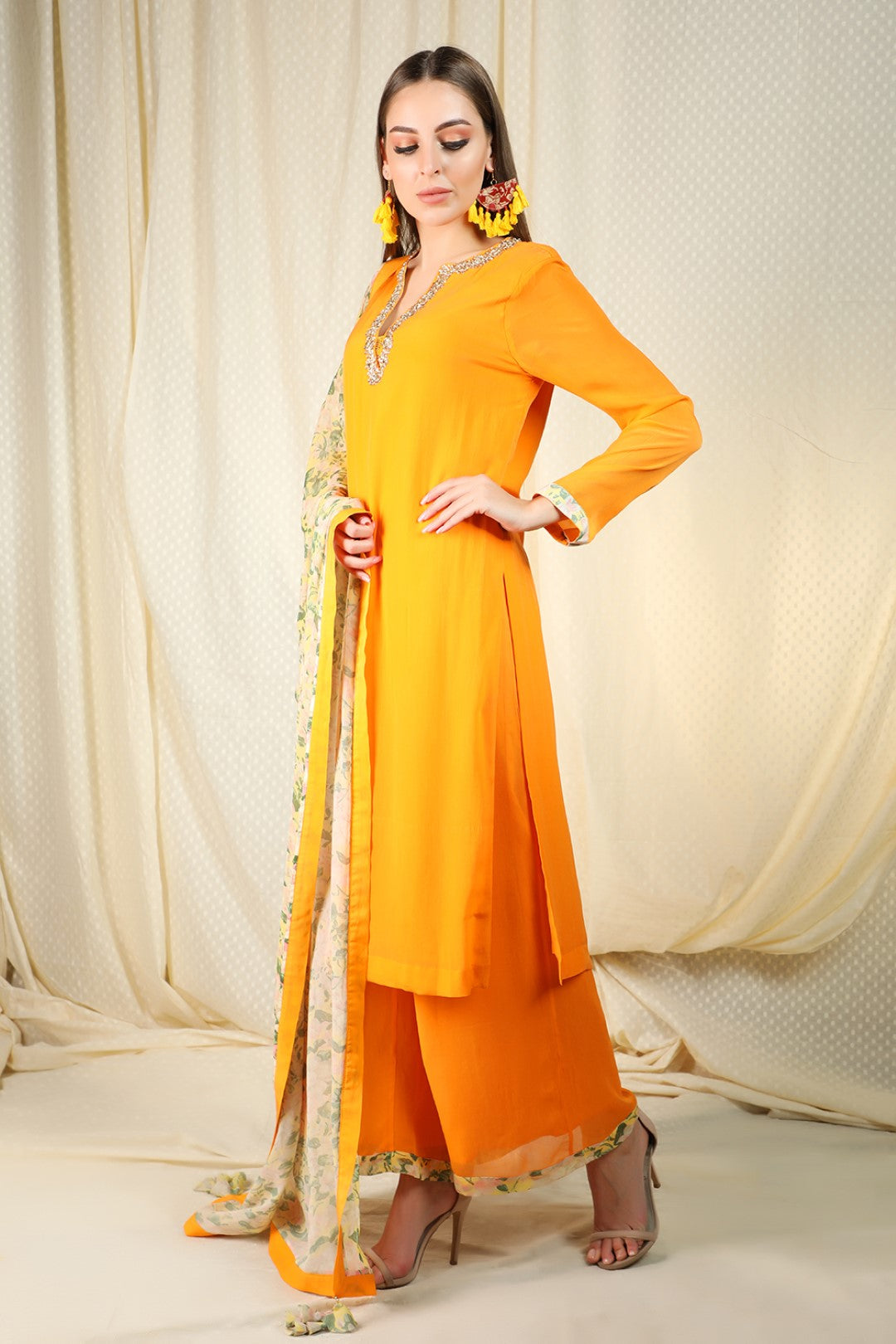 peshawari orange crepe kurta and sharara and dupatta