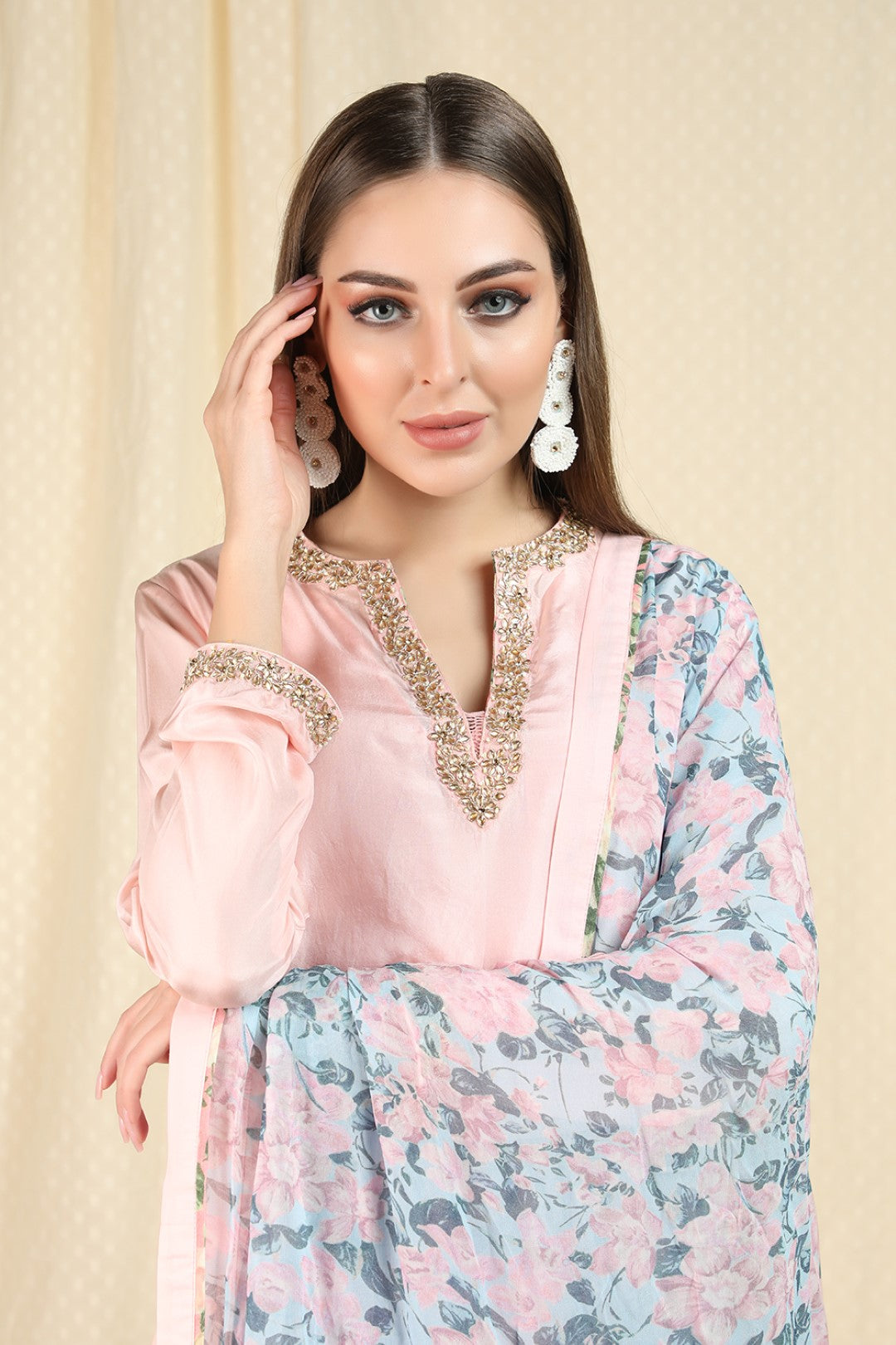 soft pink silk kurta and sharara and dupatta