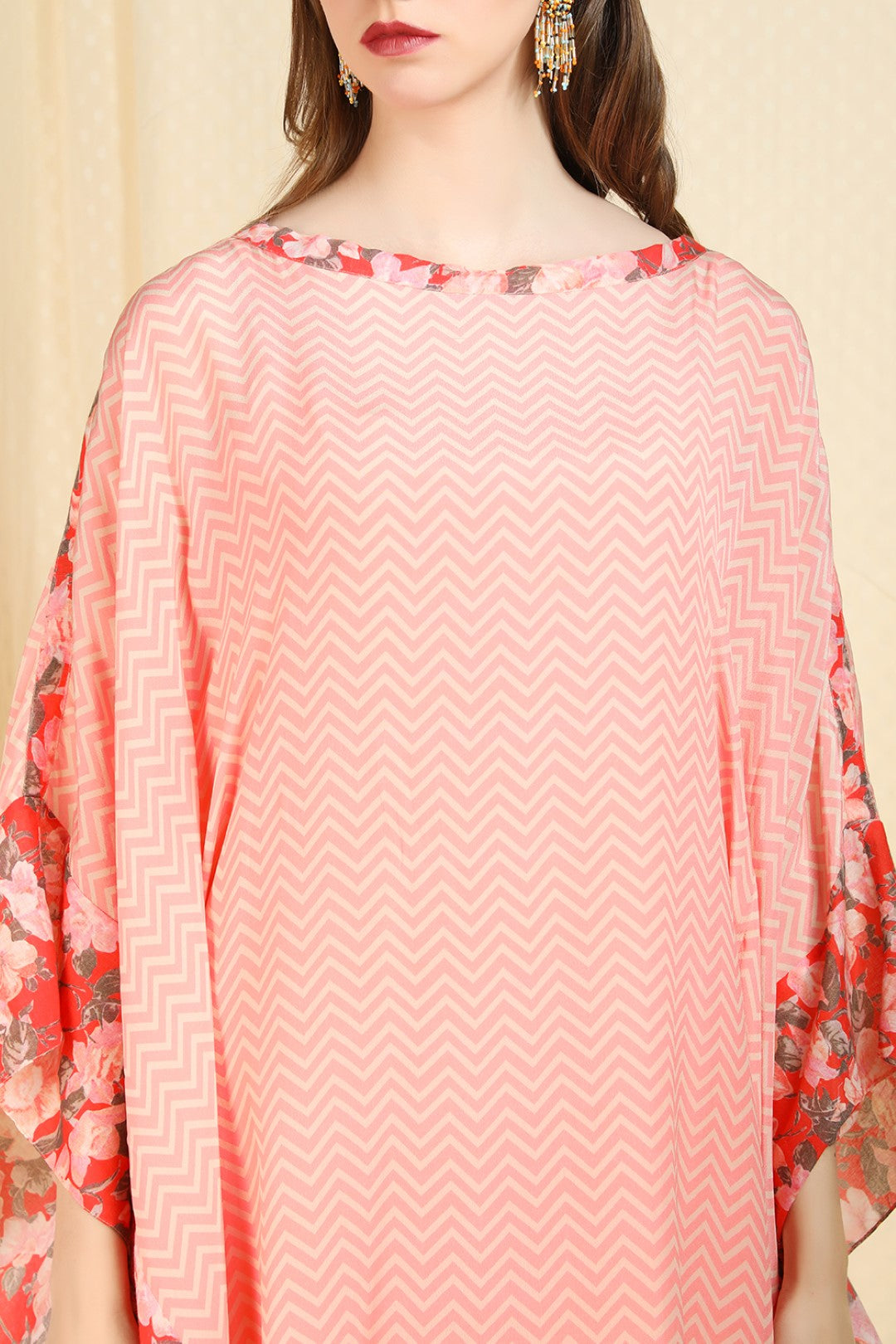 peach printed crepe kaftan and slit skirt