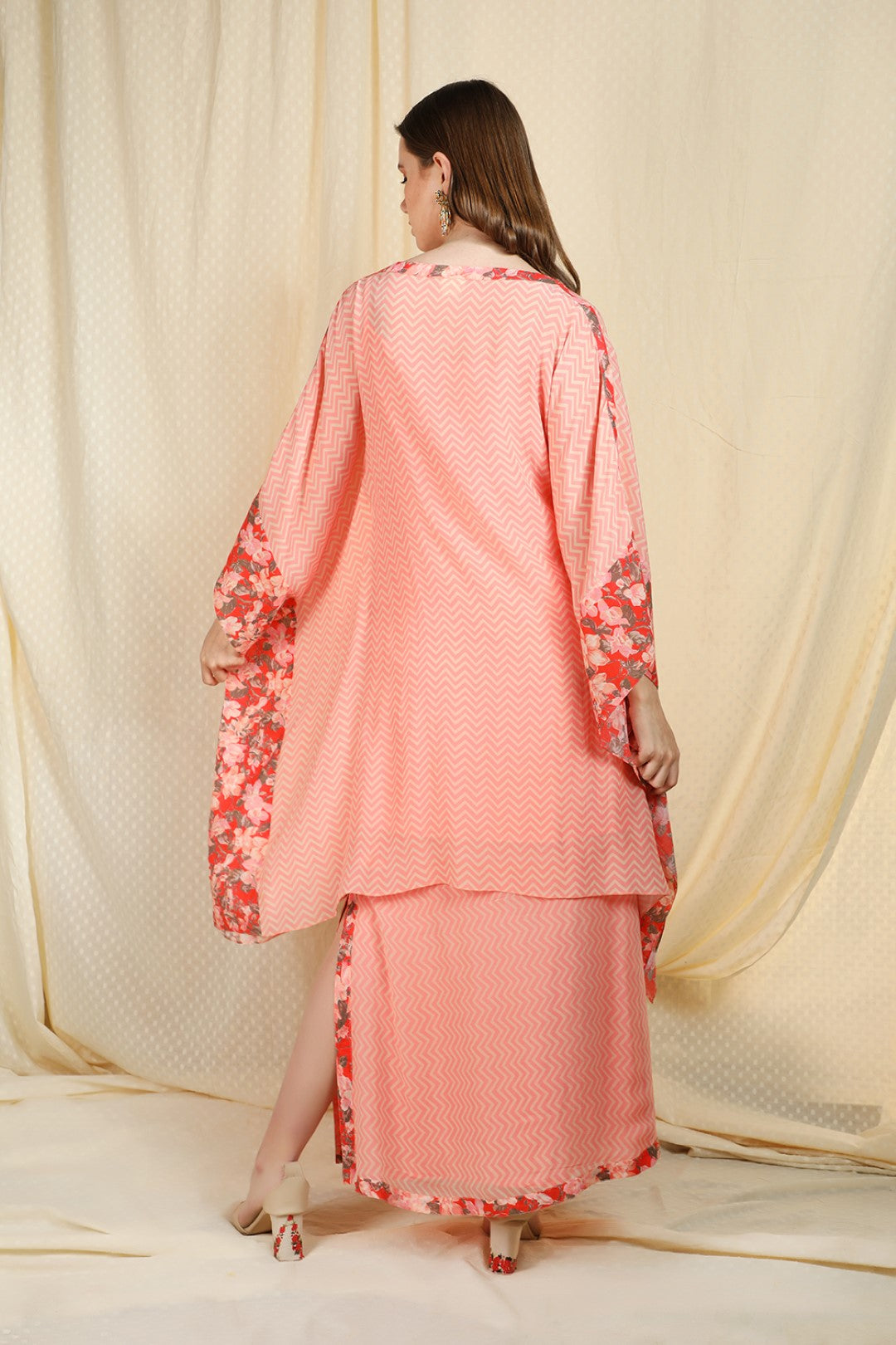 peach printed crepe kaftan and slit skirt