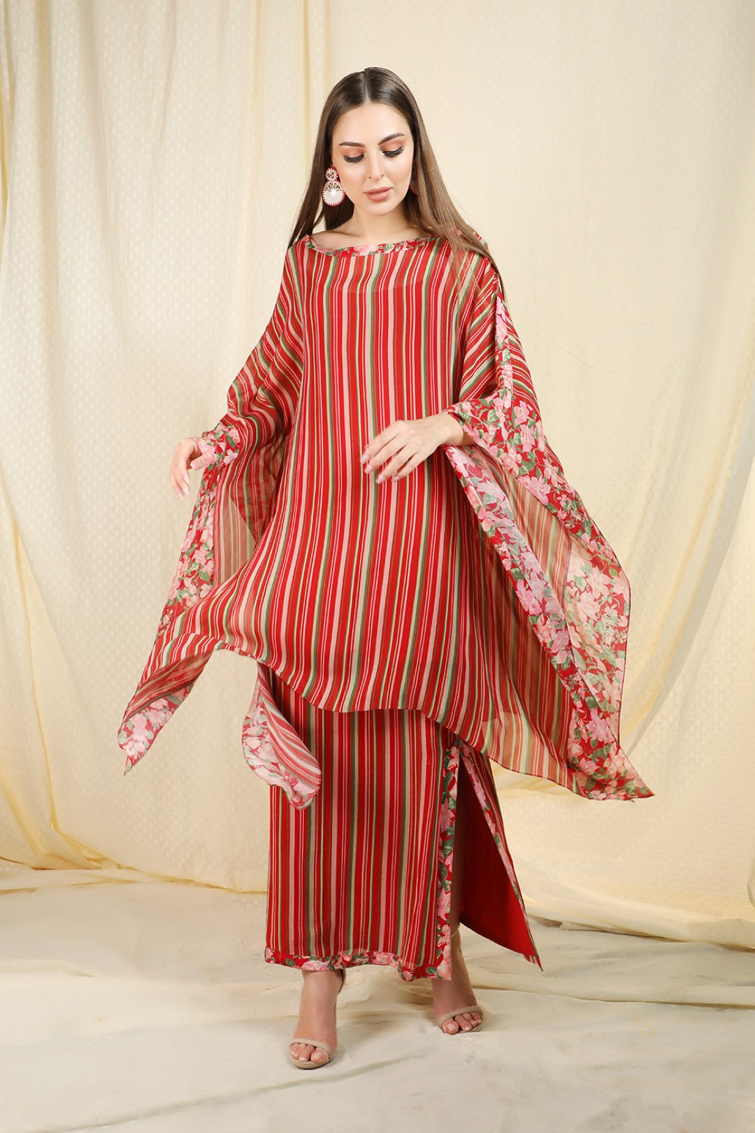 mahroon printed crepe kaftan and slit skirt