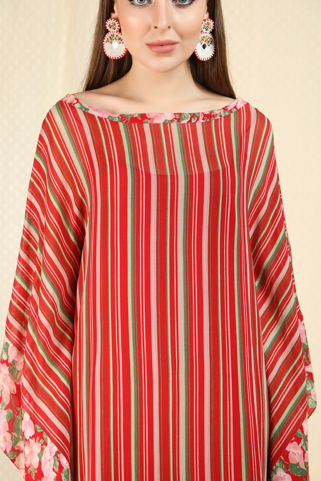 mahroon printed crepe kaftan and slit skirt