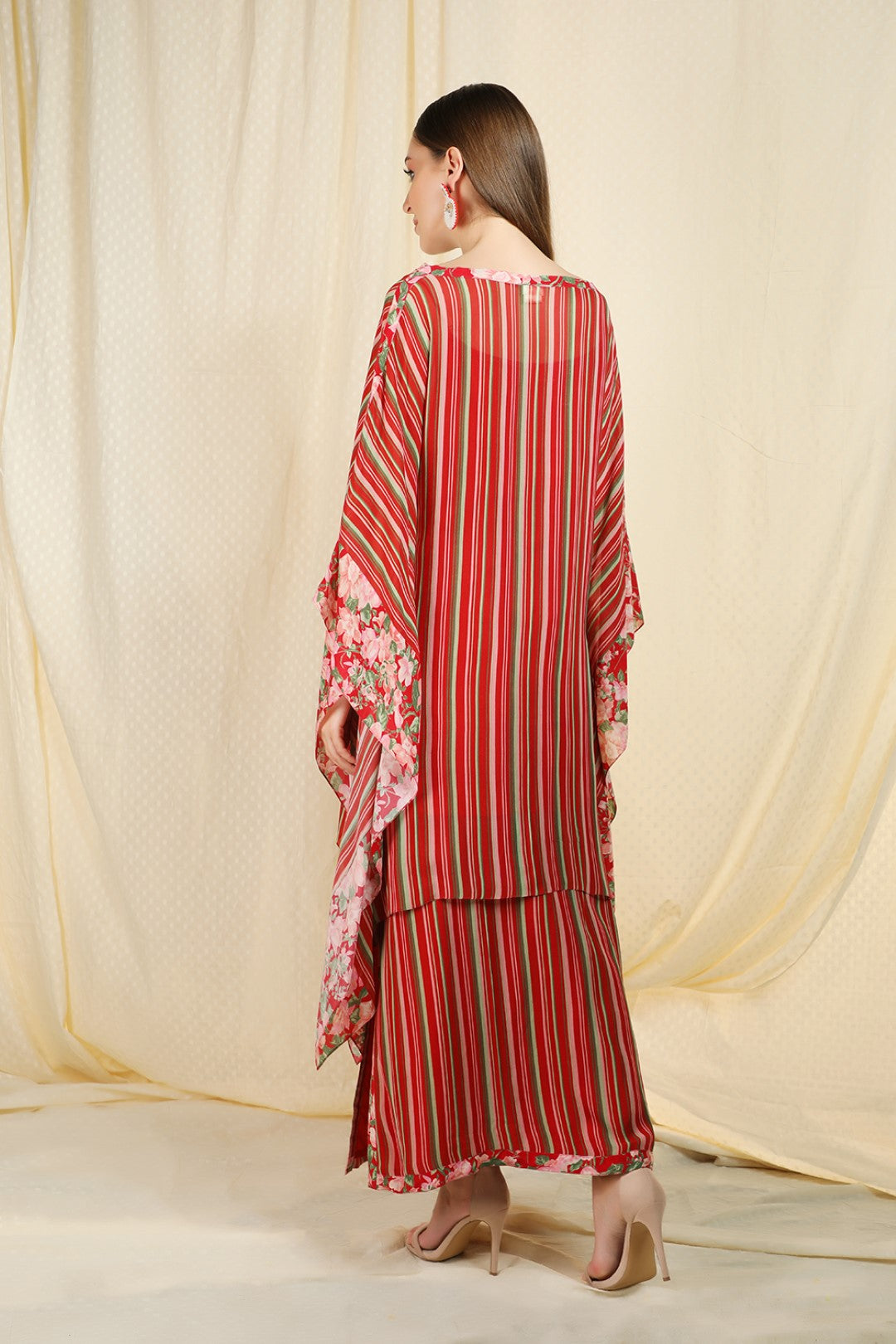 mahroon printed crepe kaftan and slit skirt