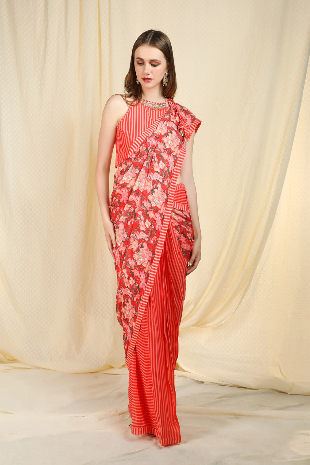 pre-pleated coral saree