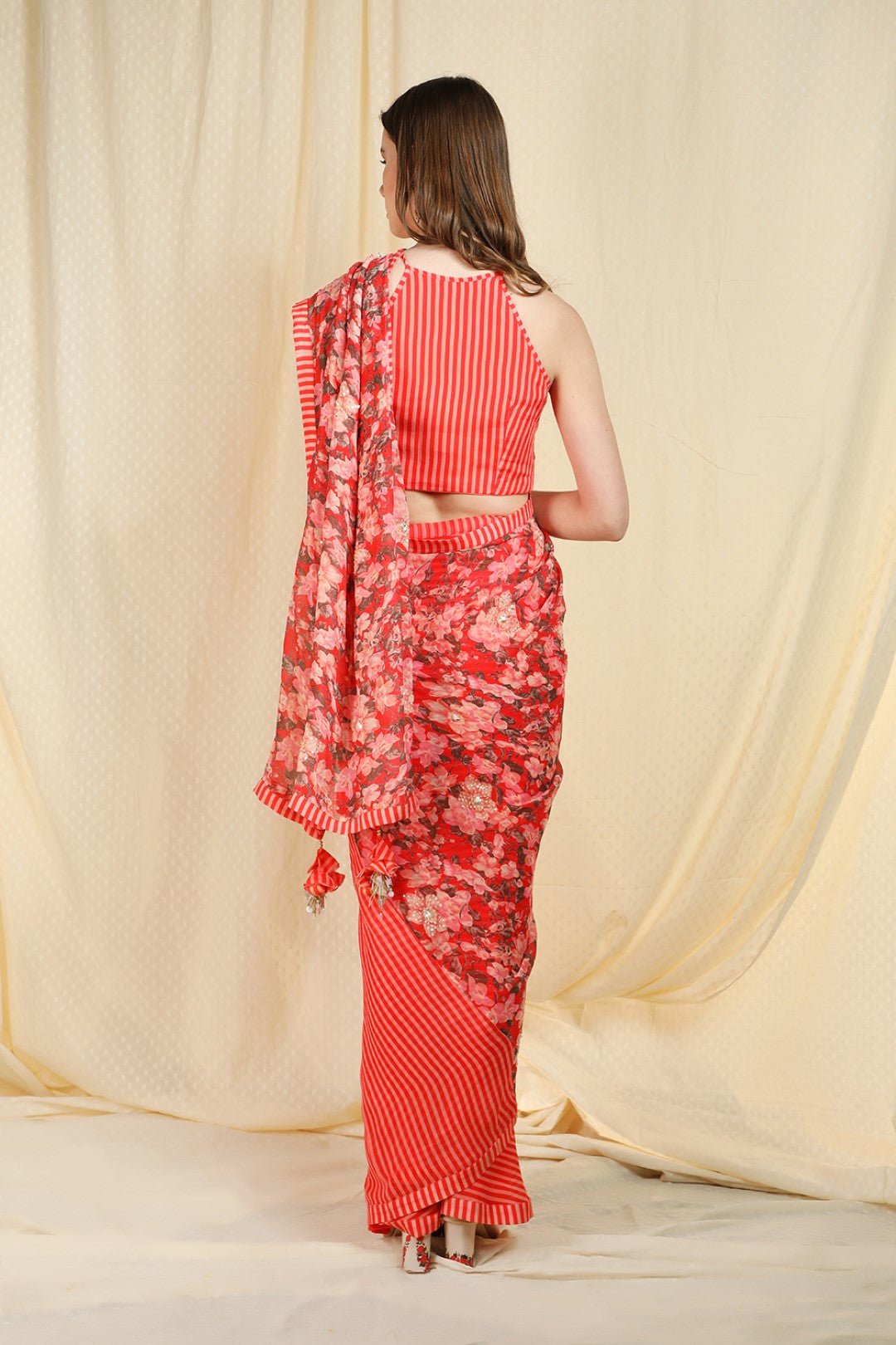 pre-pleated coral saree