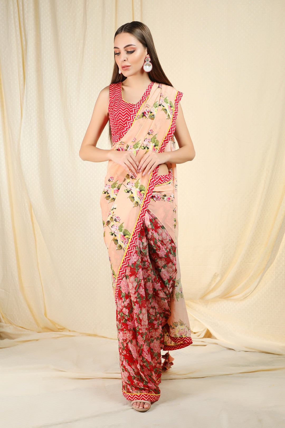 pre-pleated peach saree