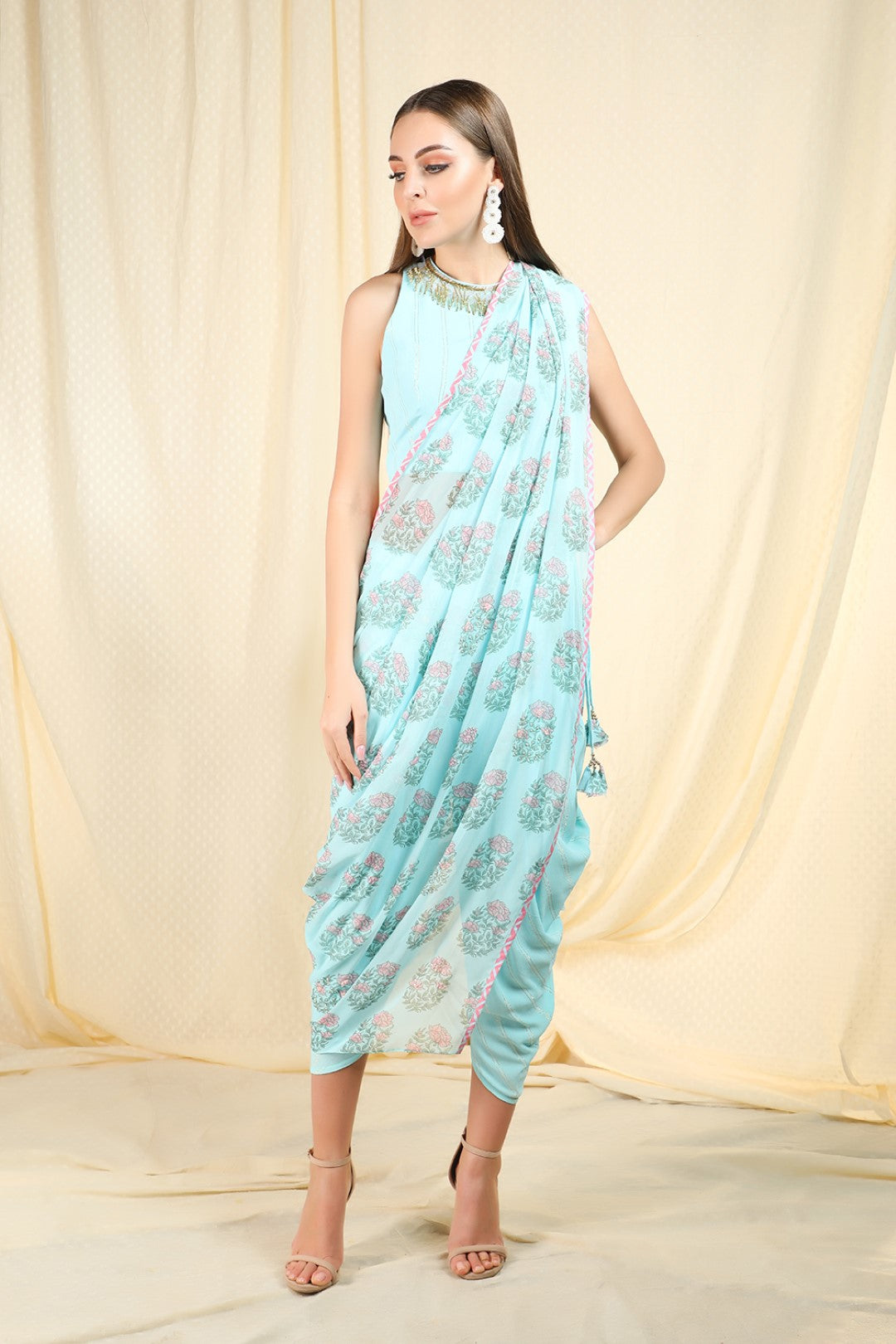 sky blue lurex top with dhoti saree