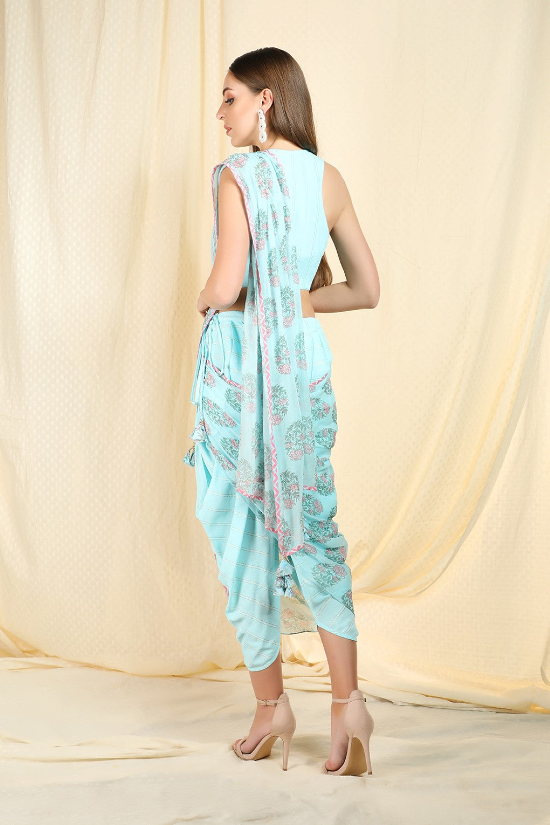 sky blue lurex top with dhoti saree