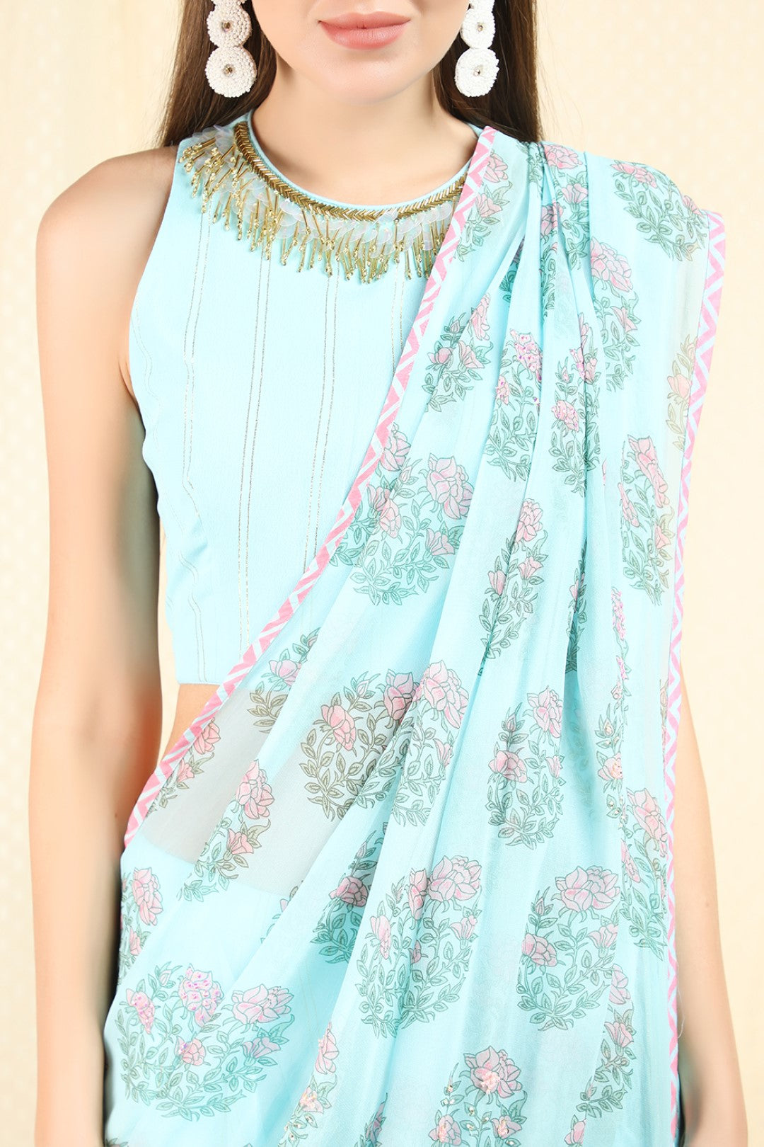 sky blue lurex top with dhoti saree