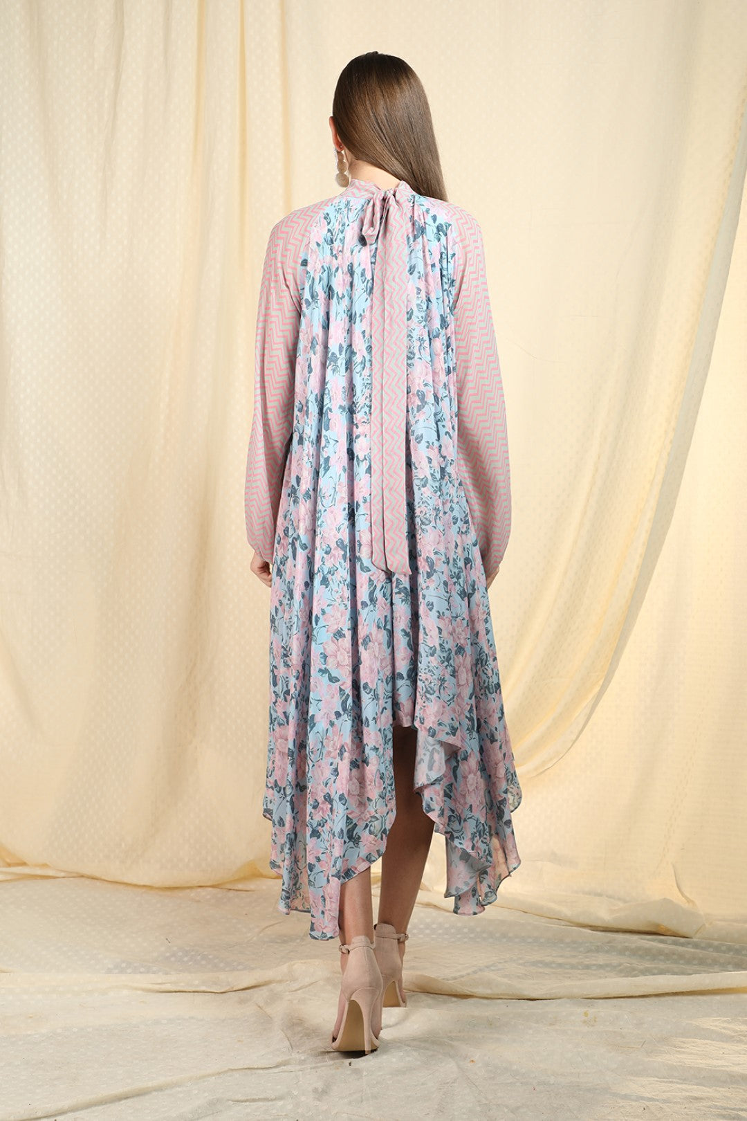 sky blue and chevron  print sleeve dress