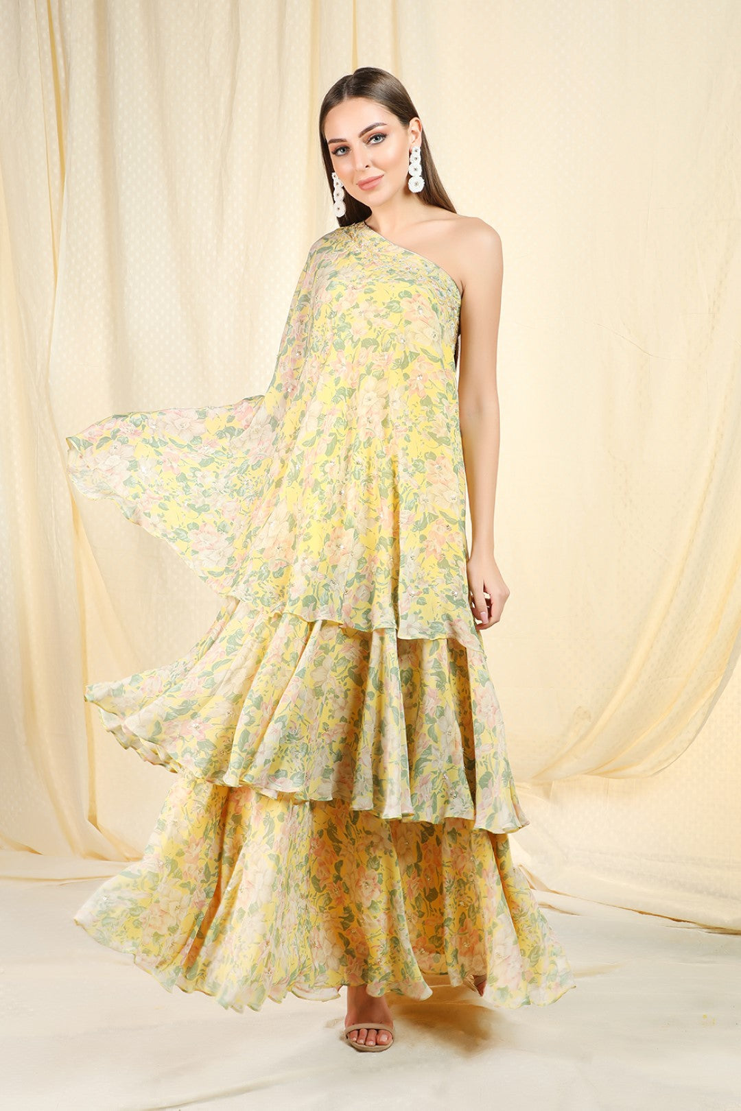 yellow crepe tieres dress