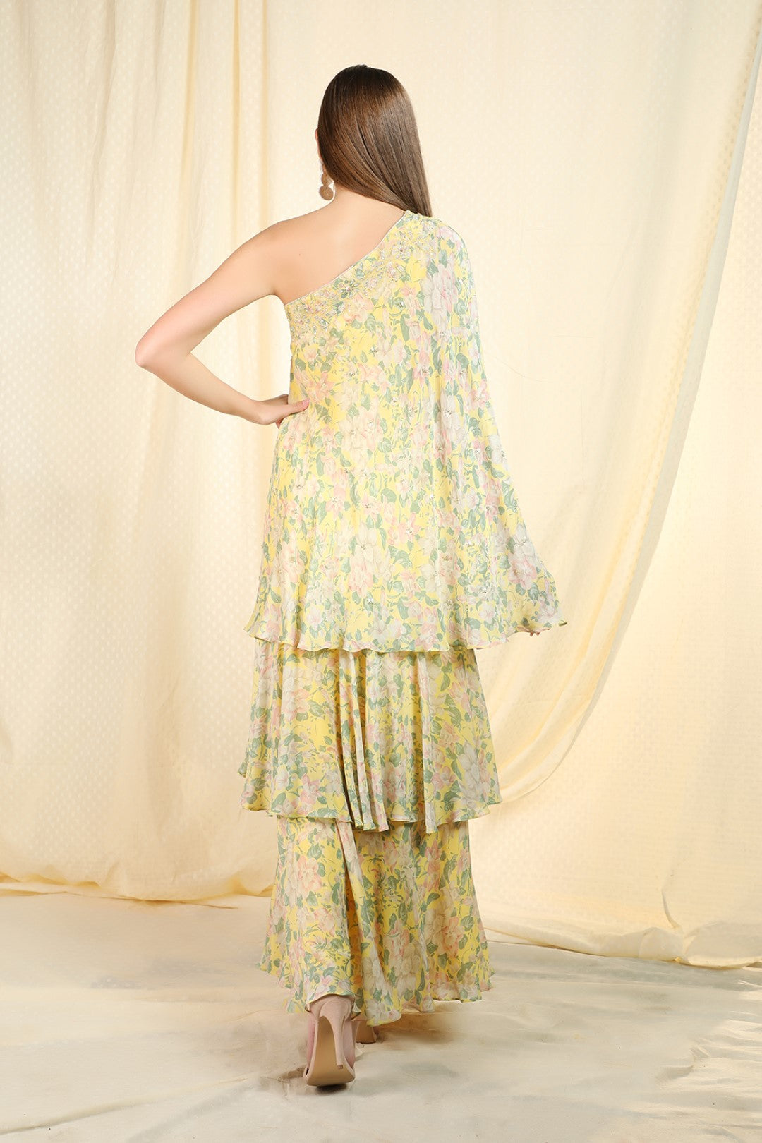 yellow crepe tieres dress