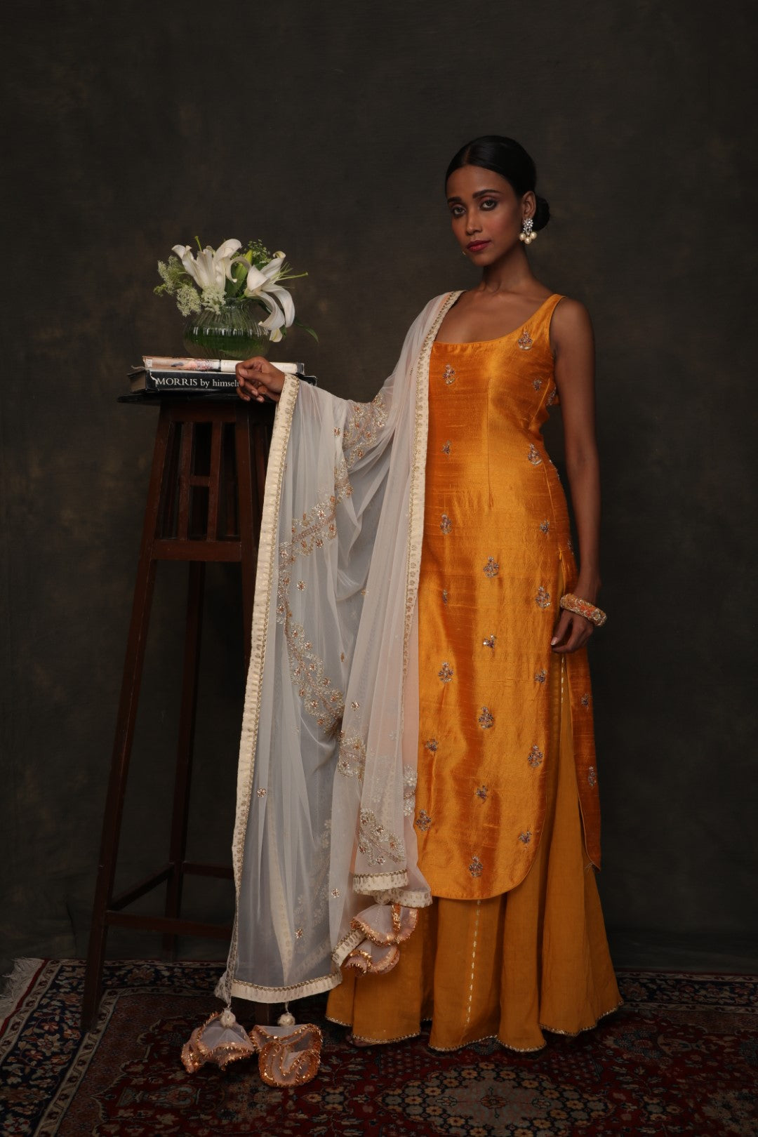 Lilly ochre raw silk kurta with organza sharara and ghee dupatta