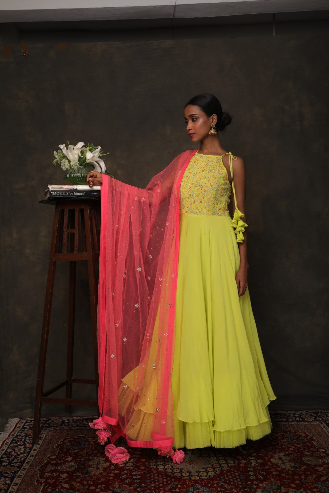Lime green halter kalidar in crepe with a churidar and hand embroidered dupatta
