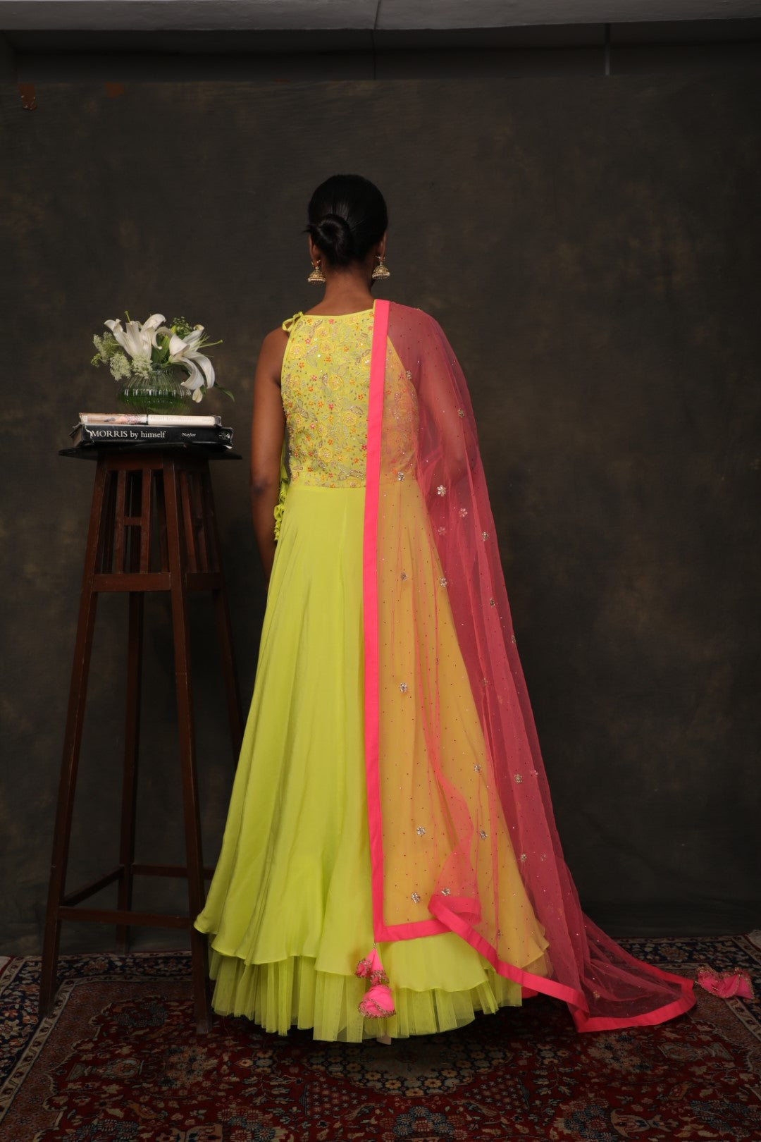 Lime green halter kalidar in crepe with a churidar and hand embroidered dupatta