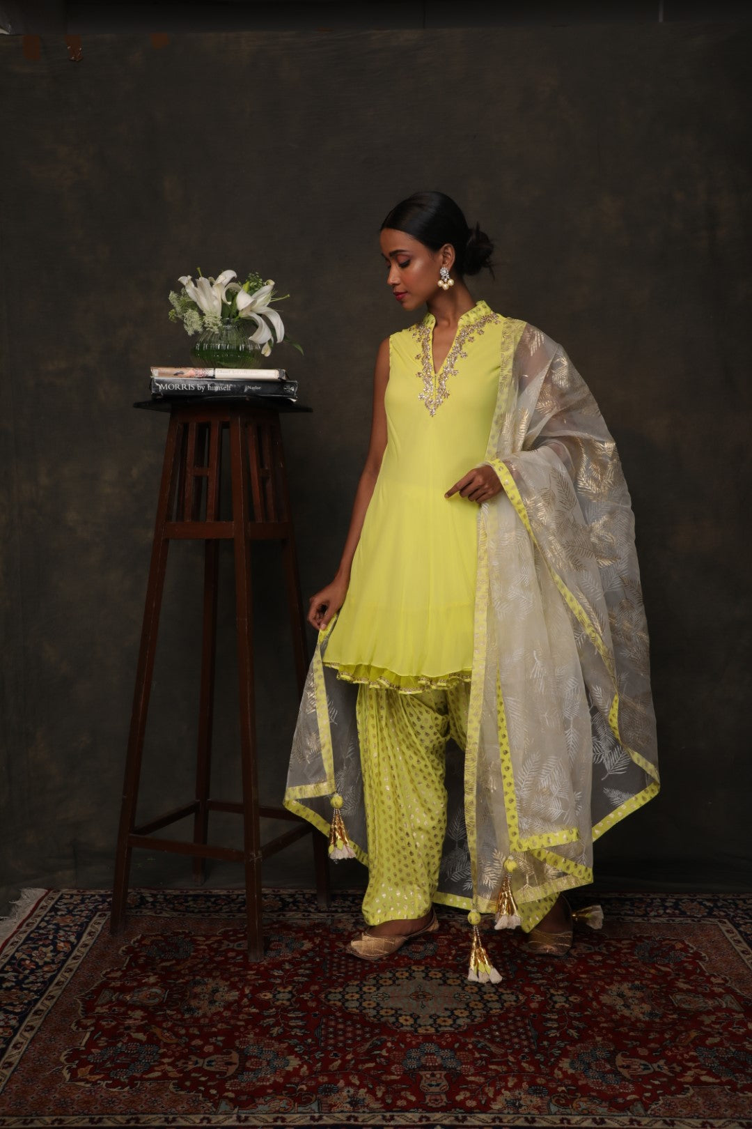 Lime green crepe tunic  with semi pataila and  ghee organza dupatta