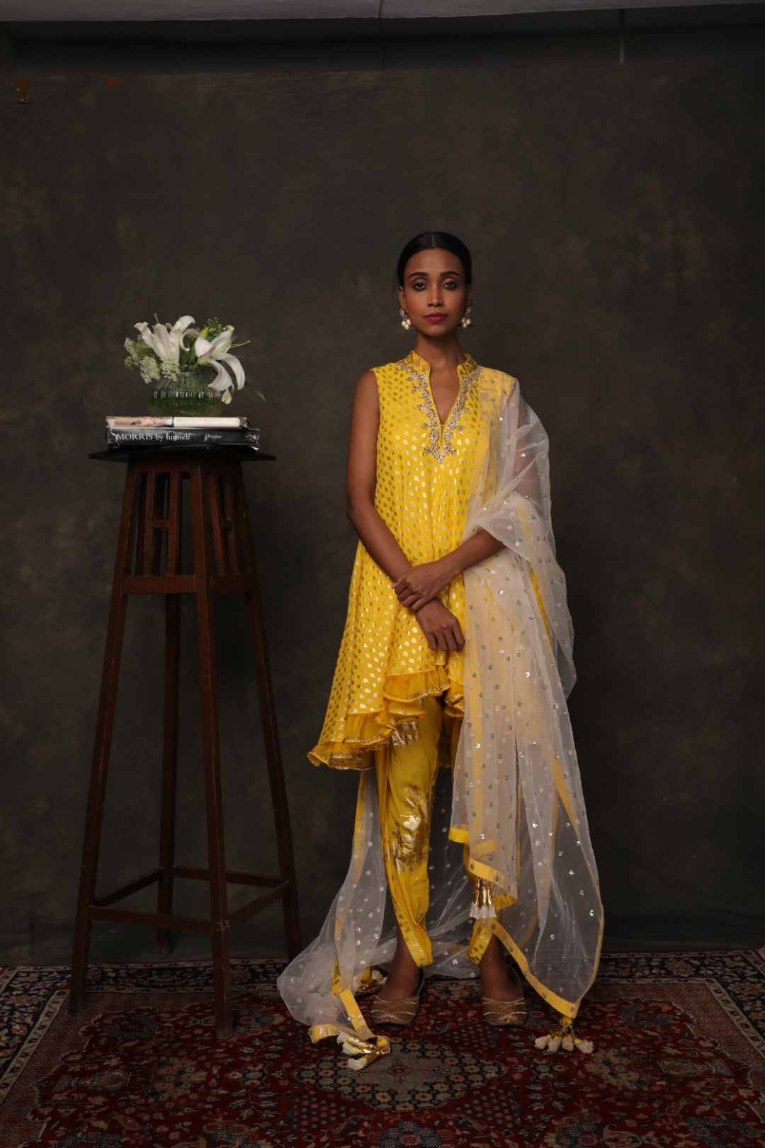 Yellow crepe hand gold printed tunic with patiala and ghee dupatta