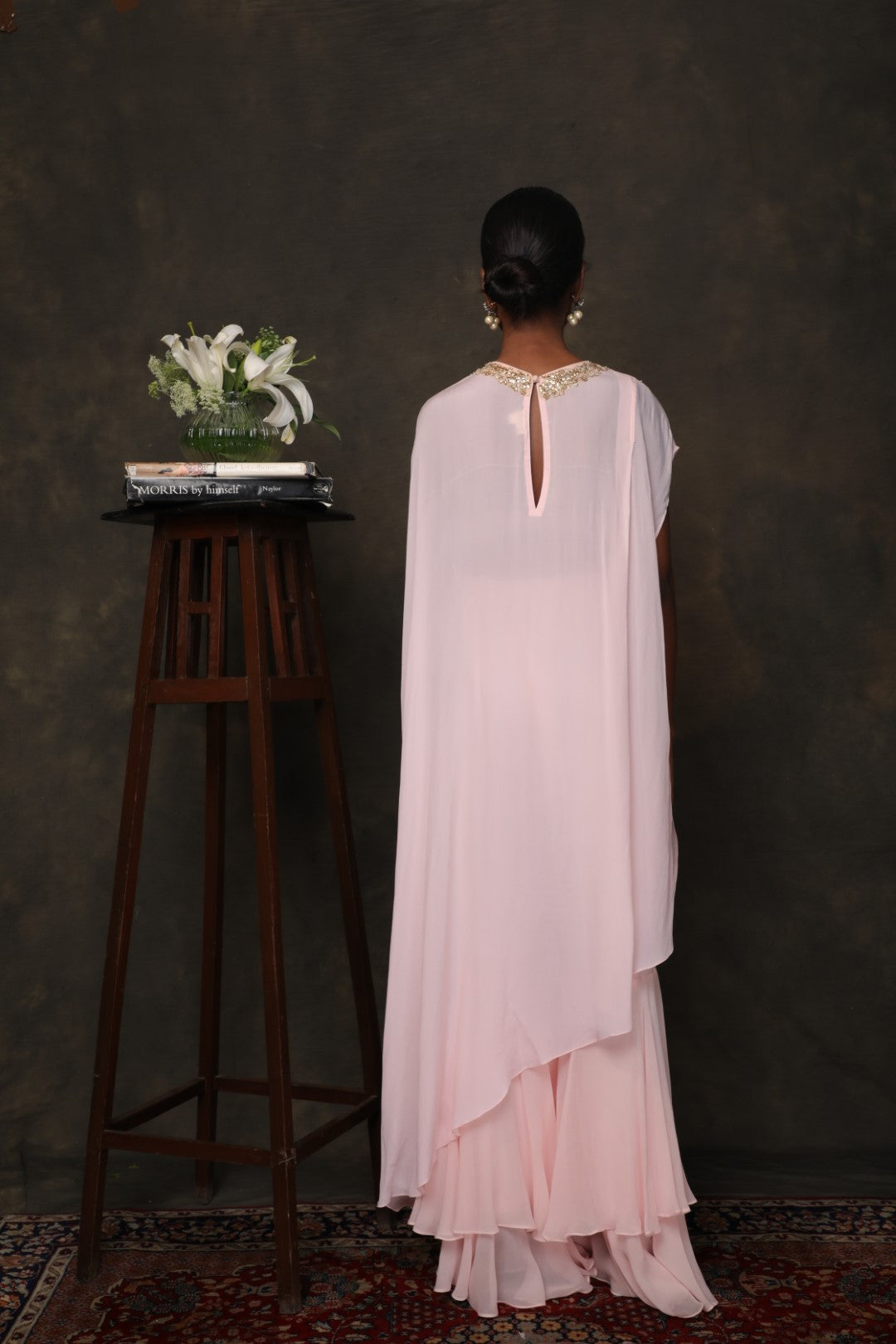 Soft pink crepe kaftan with a double layer sharara