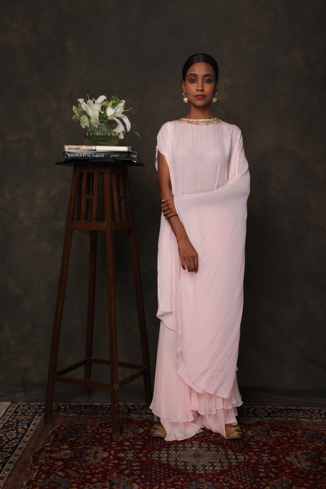 Soft pink crepe kaftan with a double layer sharara