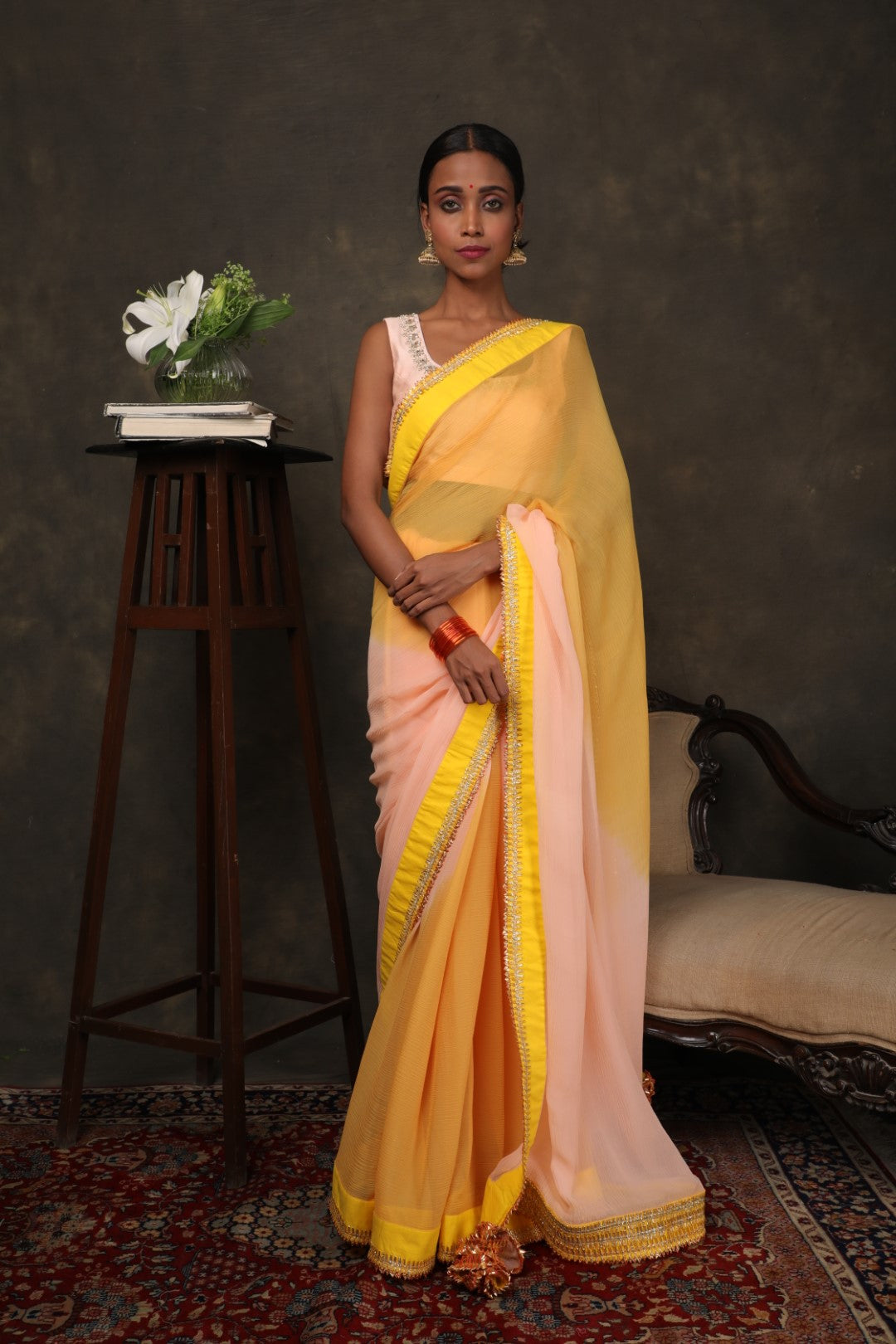 Pitambari and lotus pink chiffon sari with hand embroidered blouse