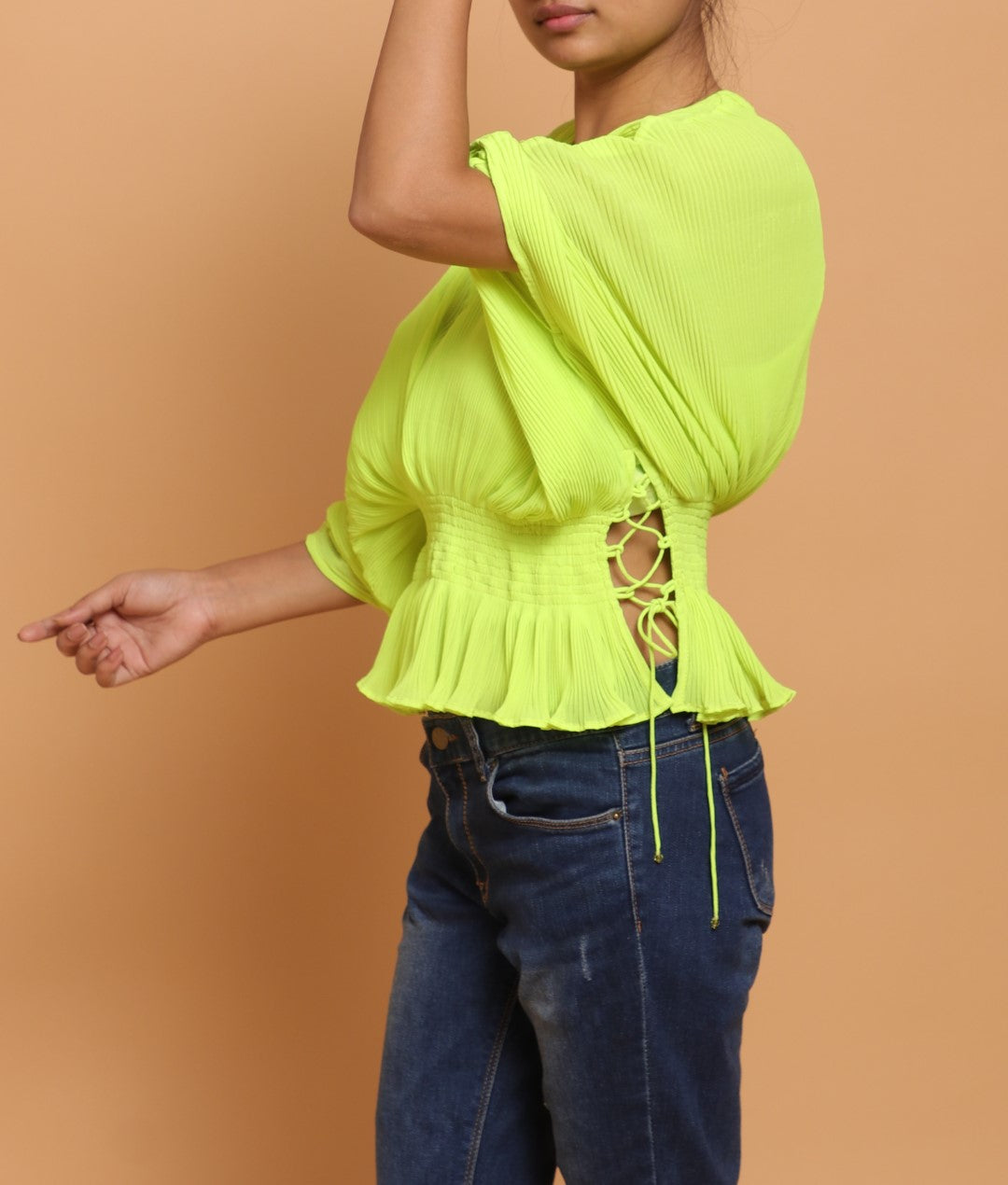 Lime pleated kaftan style top