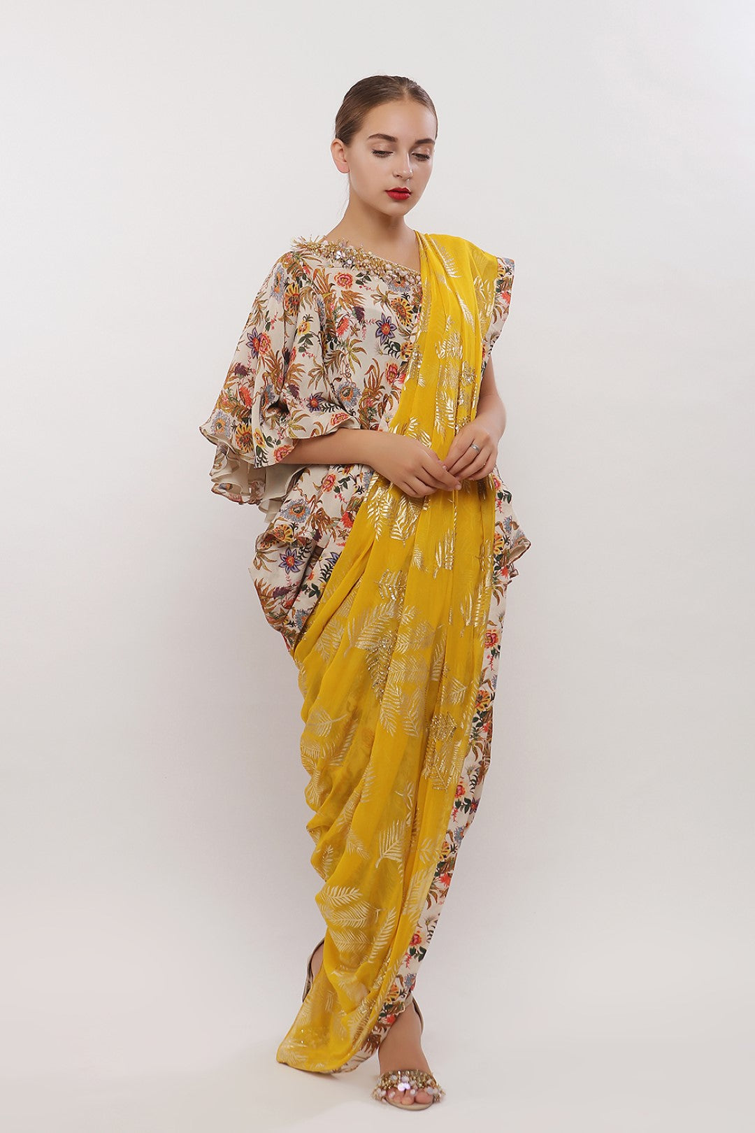 OFF SHOULDER BLOUSE AND  COWL DHOTI WITH EMBROIDERED PALLA