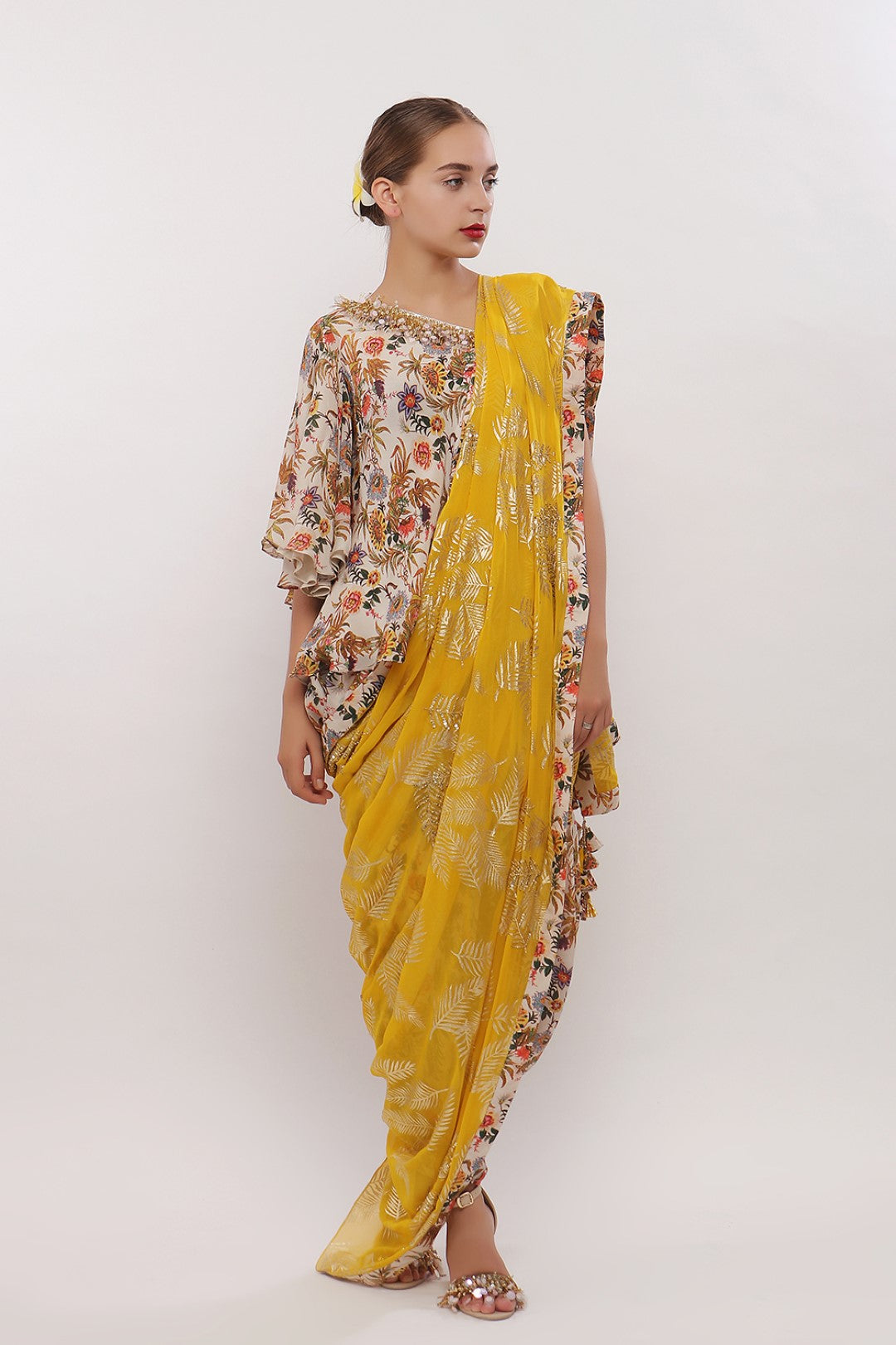 OFF SHOULDER BLOUSE AND  COWL DHOTI WITH EMBROIDERED PALLA
