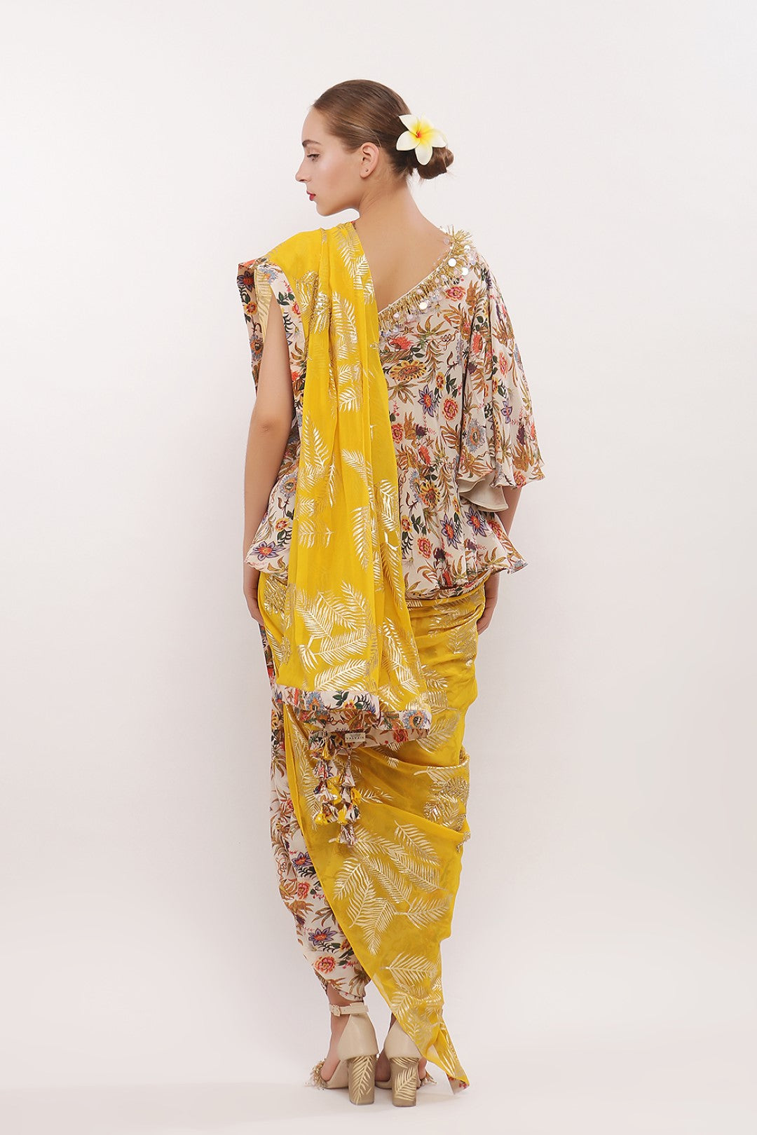 OFF SHOULDER BLOUSE AND  COWL DHOTI WITH EMBROIDERED PALLA