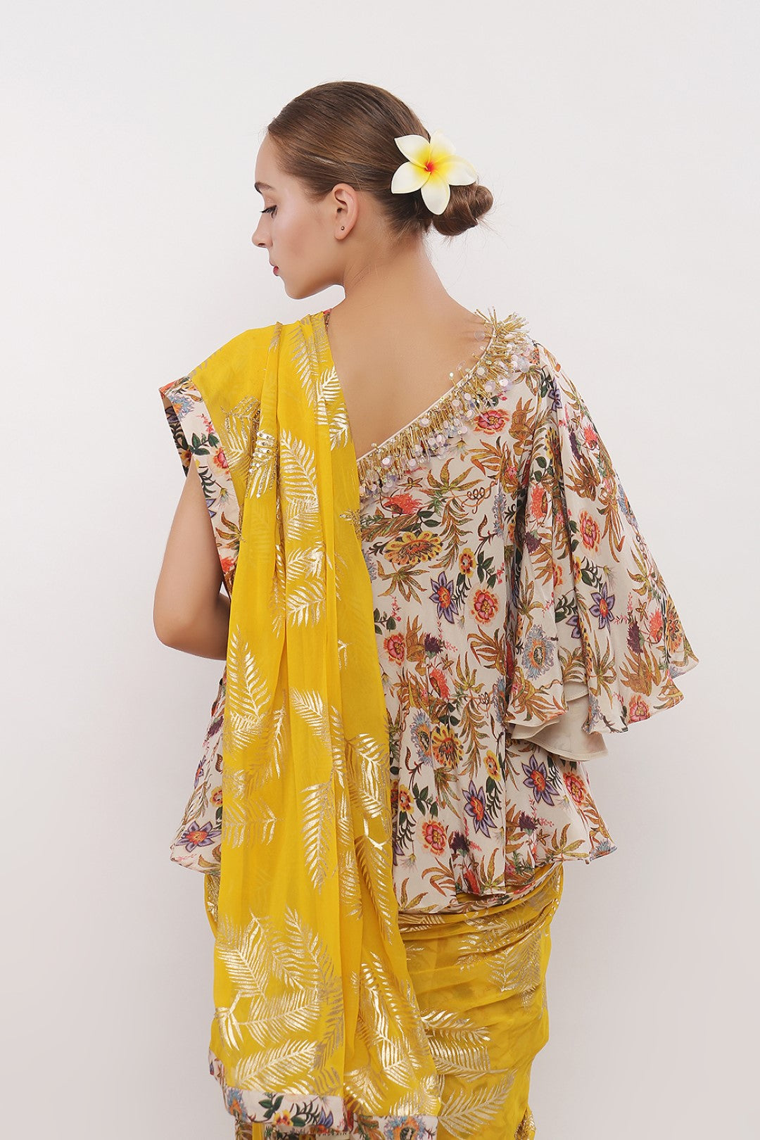 OFF SHOULDER BLOUSE AND  COWL DHOTI WITH EMBROIDERED PALLA