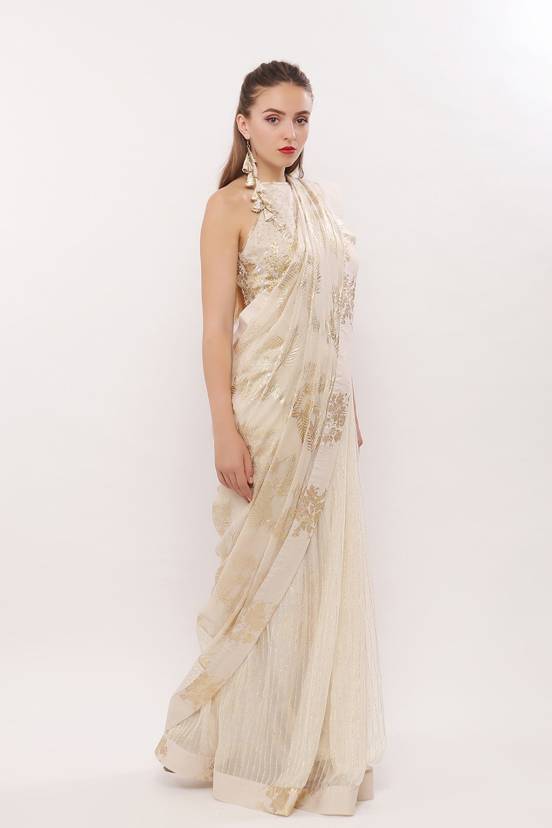 GOLD PRINTED SAREE WITH EMBROIDERED BLOUSE
