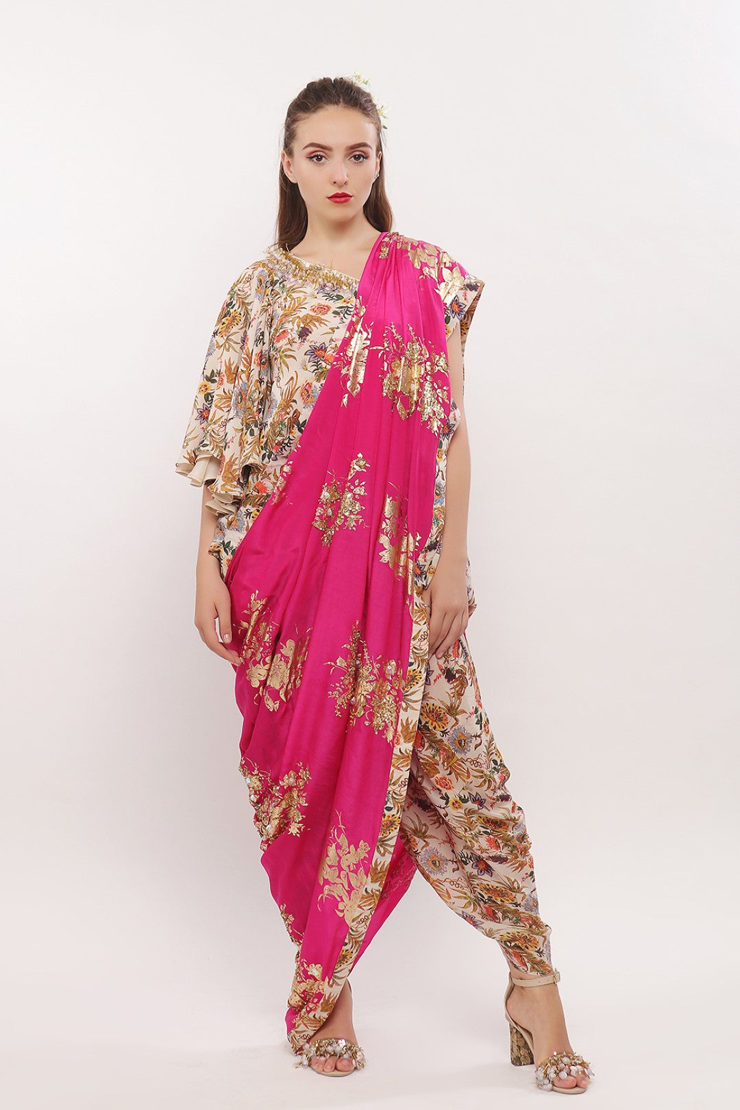 OFF SHOULDER BLOUSE AND  COWL DHOTI WITH EMBROIDERED PALLA