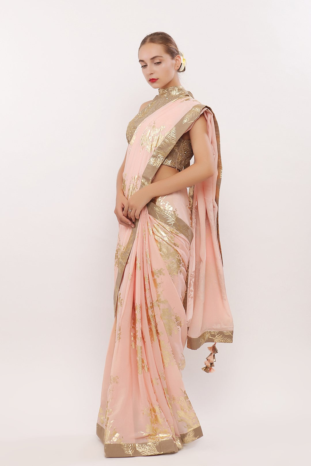 GOLD PRINTED IN CUT BLOUSE WITH SAREE