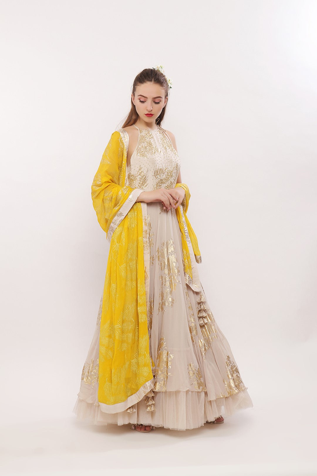 GOLD PRINTED HALTER NECK ANARKALI WITH DUPATTA AND CHURIDAAR